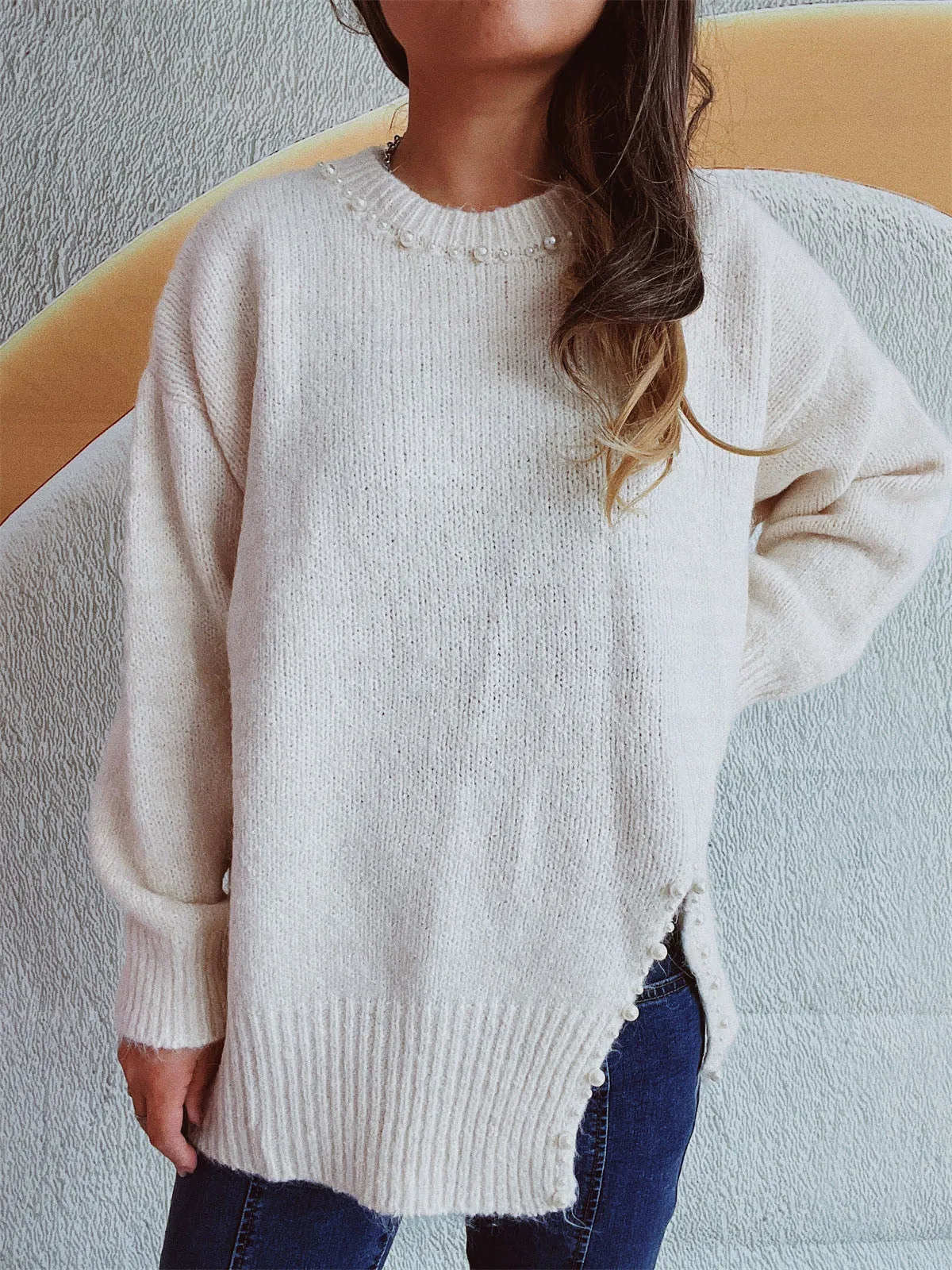 🌟 Slit Pearl Trim Round Neck Long Sleeve Sweater 🌟