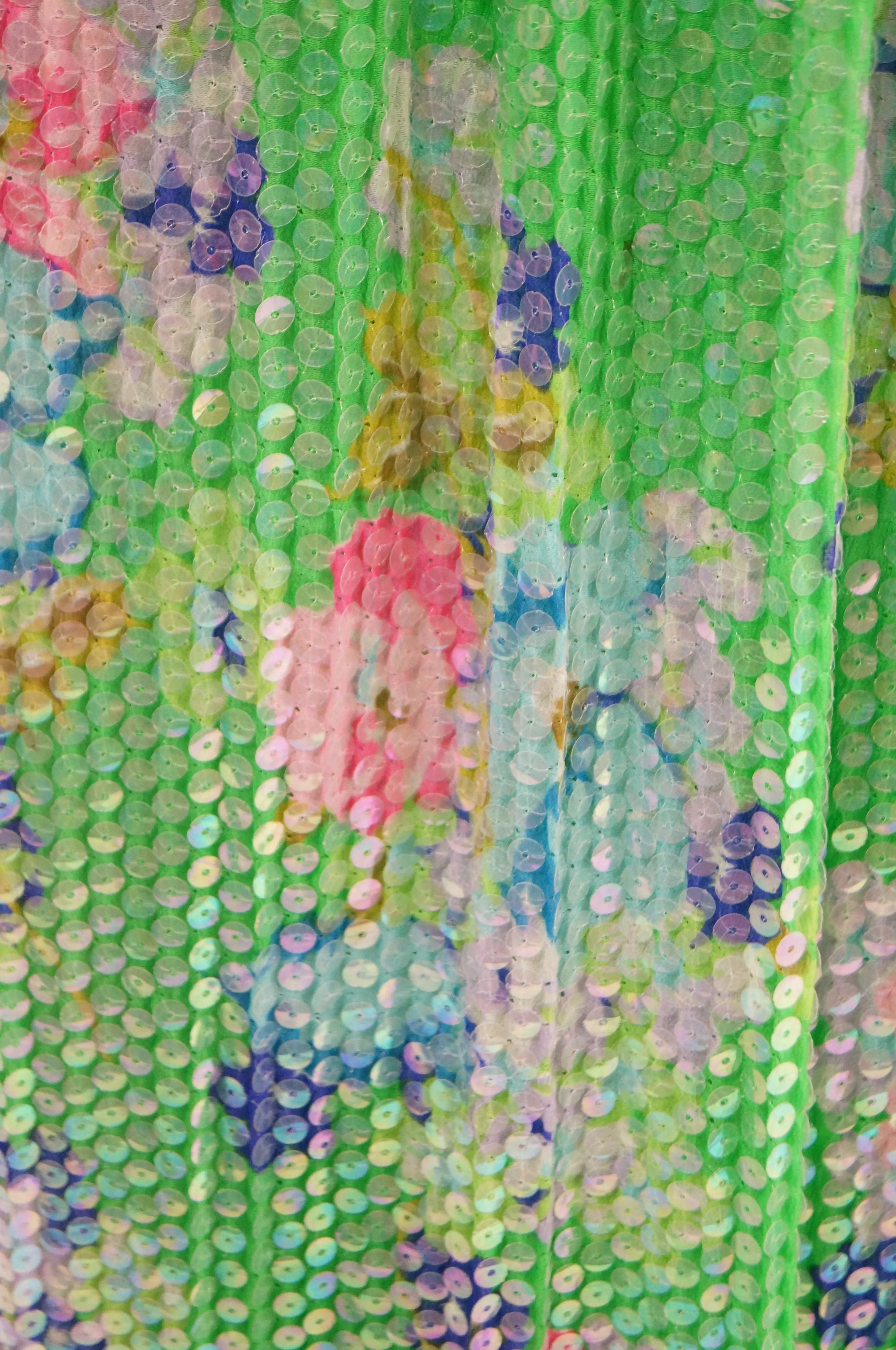1970s Harold Levine Fully Sequined Green and Pink Floral Maxi Dress