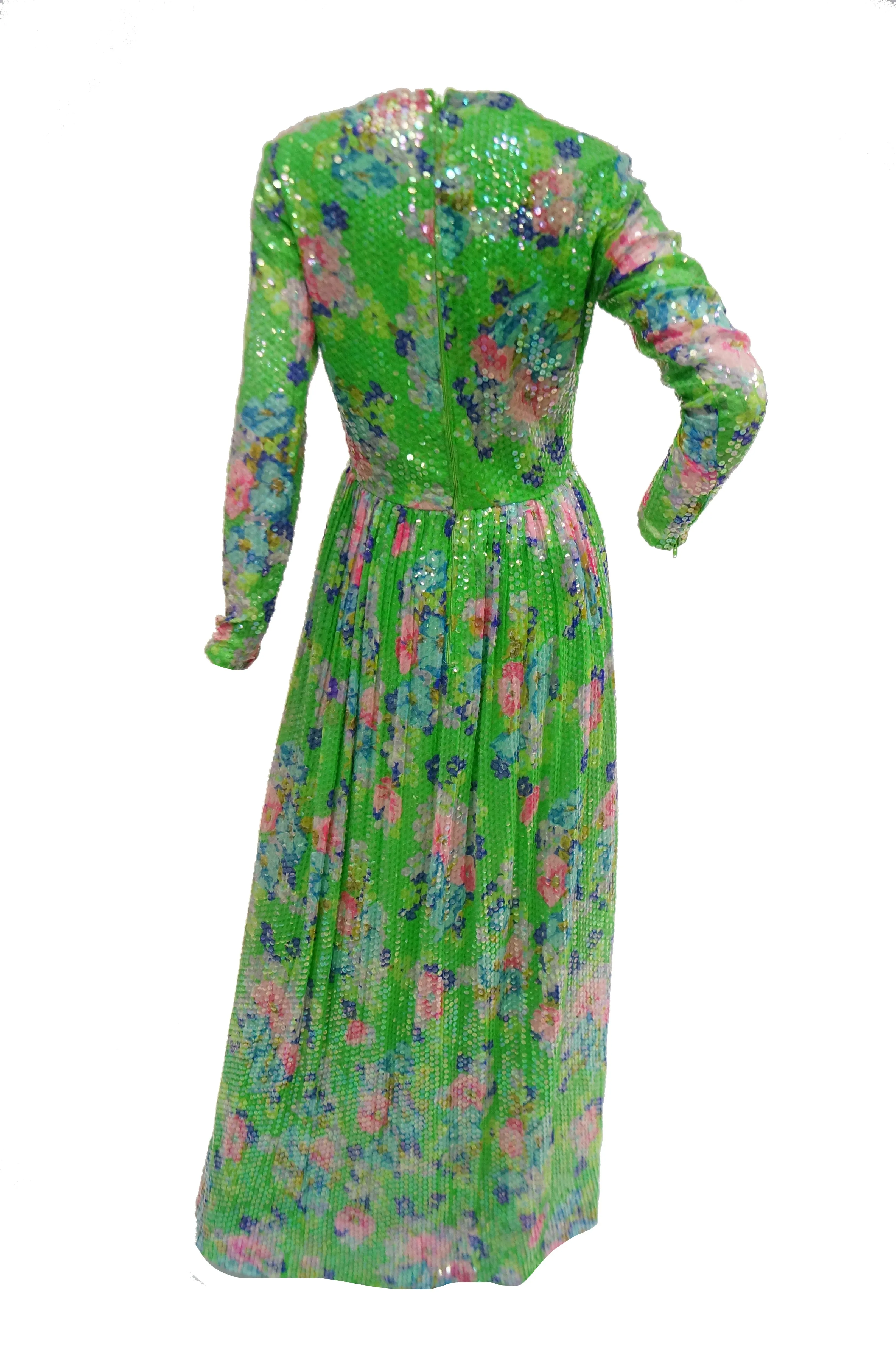 1970s Harold Levine Fully Sequined Green and Pink Floral Maxi Dress