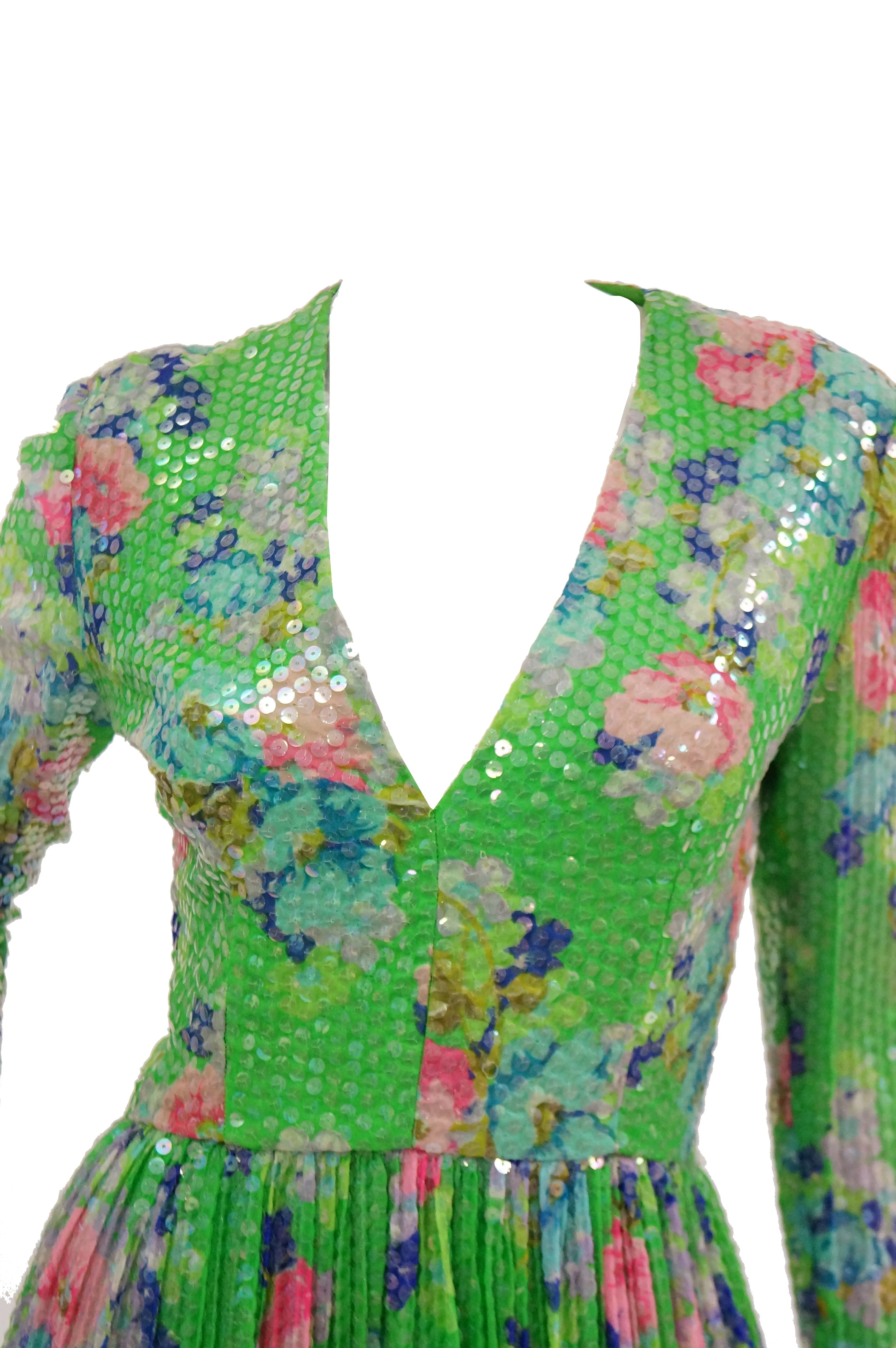 1970s Harold Levine Fully Sequined Green and Pink Floral Maxi Dress