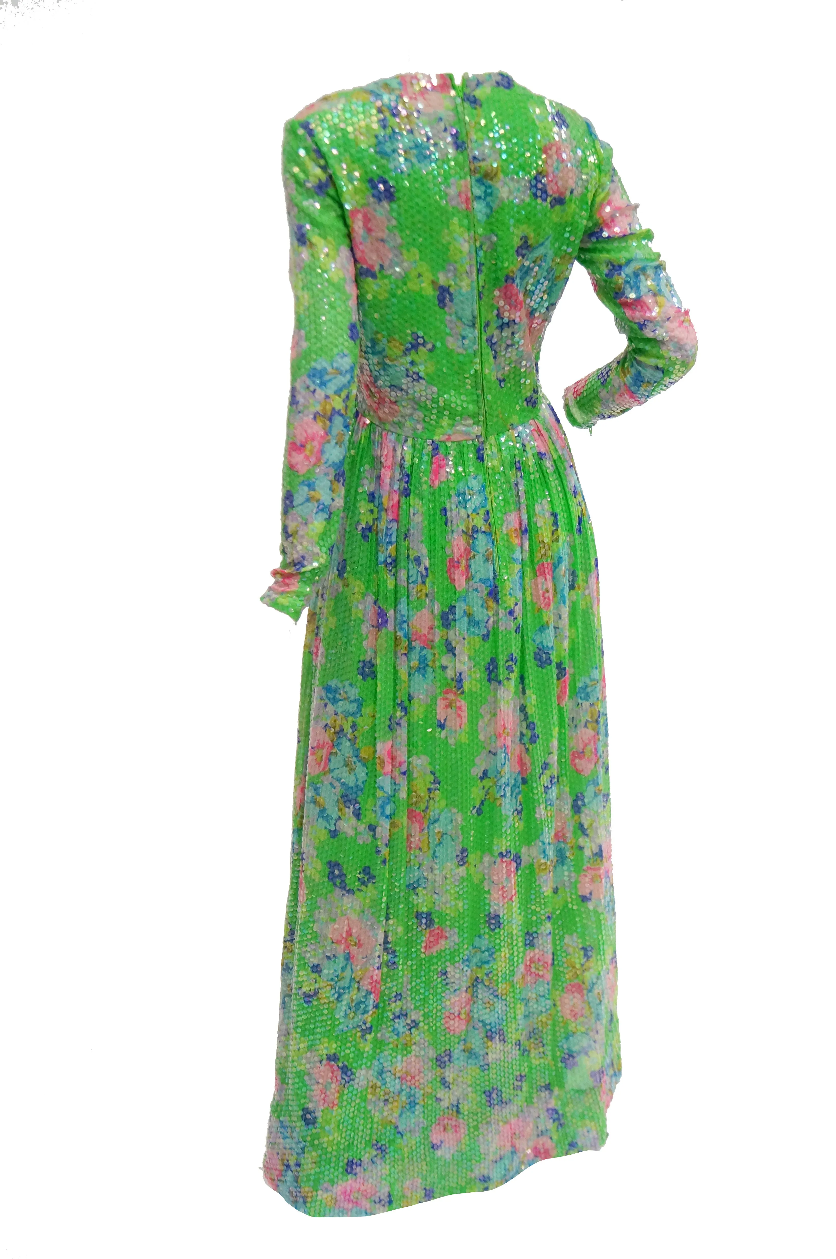 1970s Harold Levine Fully Sequined Green and Pink Floral Maxi Dress