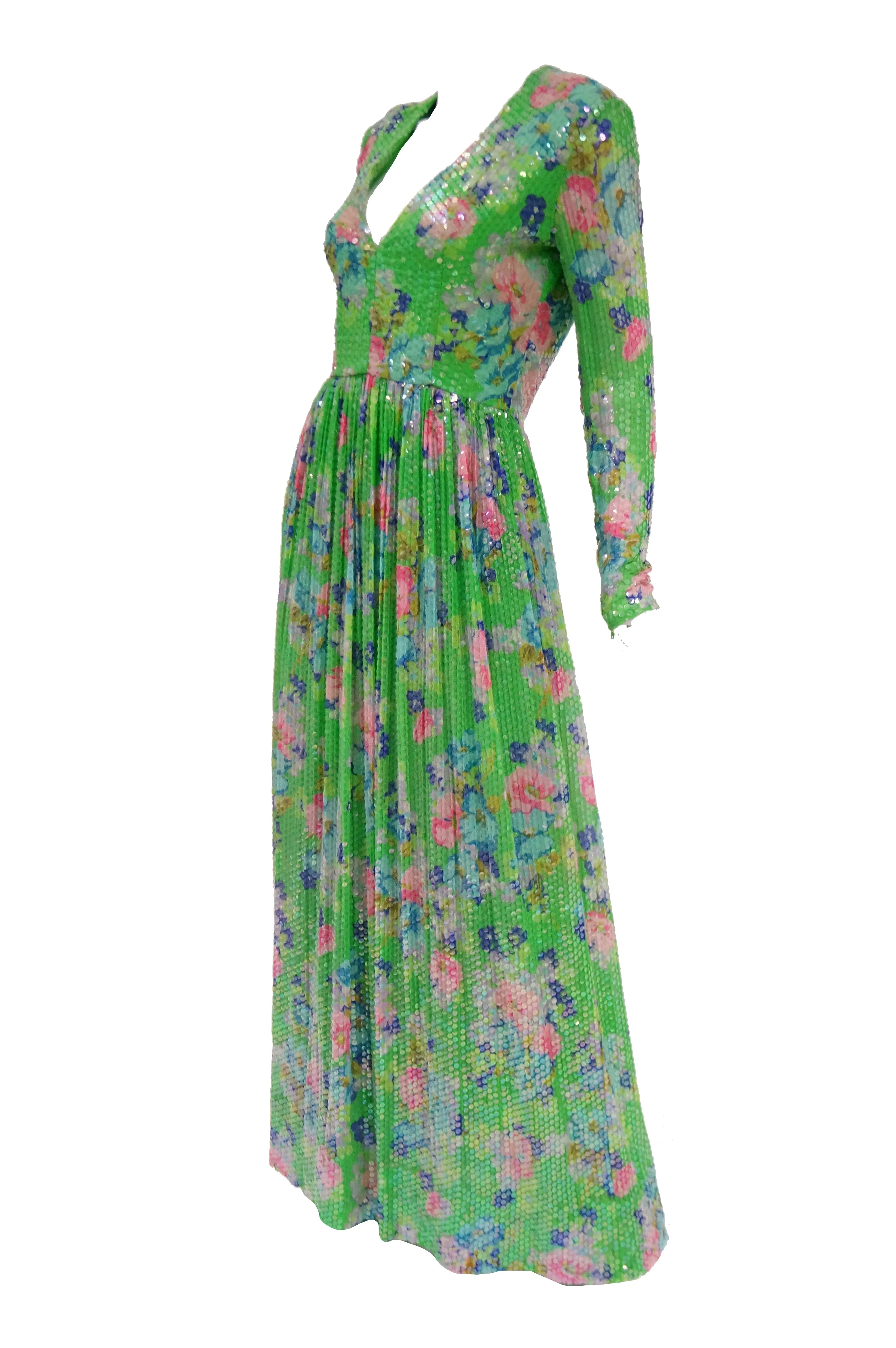 1970s Harold Levine Fully Sequined Green and Pink Floral Maxi Dress