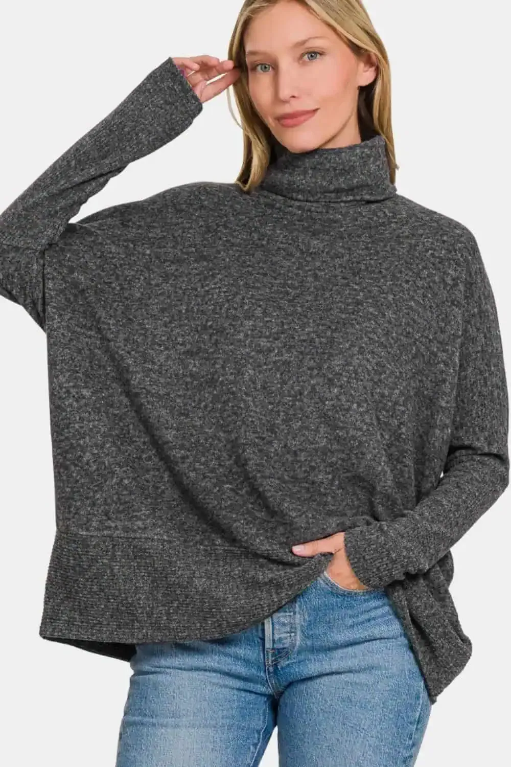 Brushed Melange Hacci Black Turtleneck Sweater