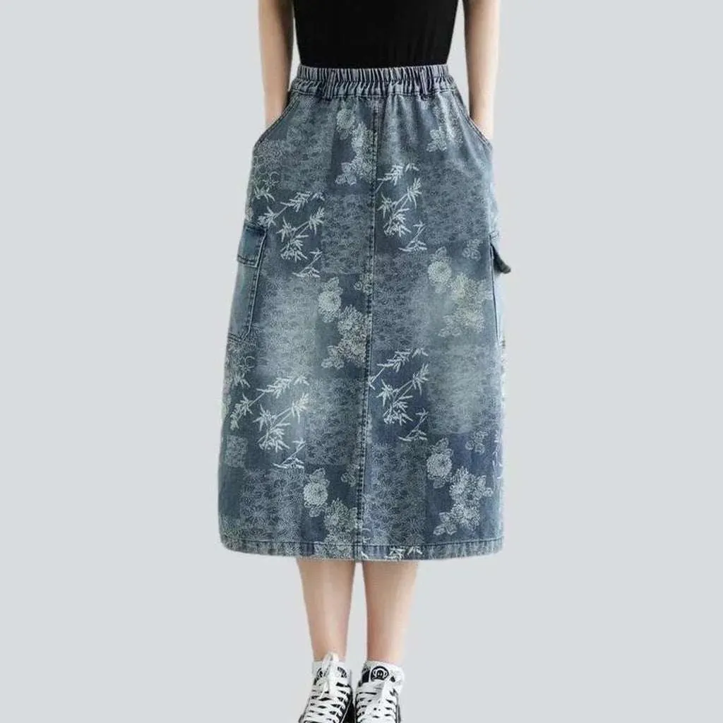 Cargo denim skirt with flowers