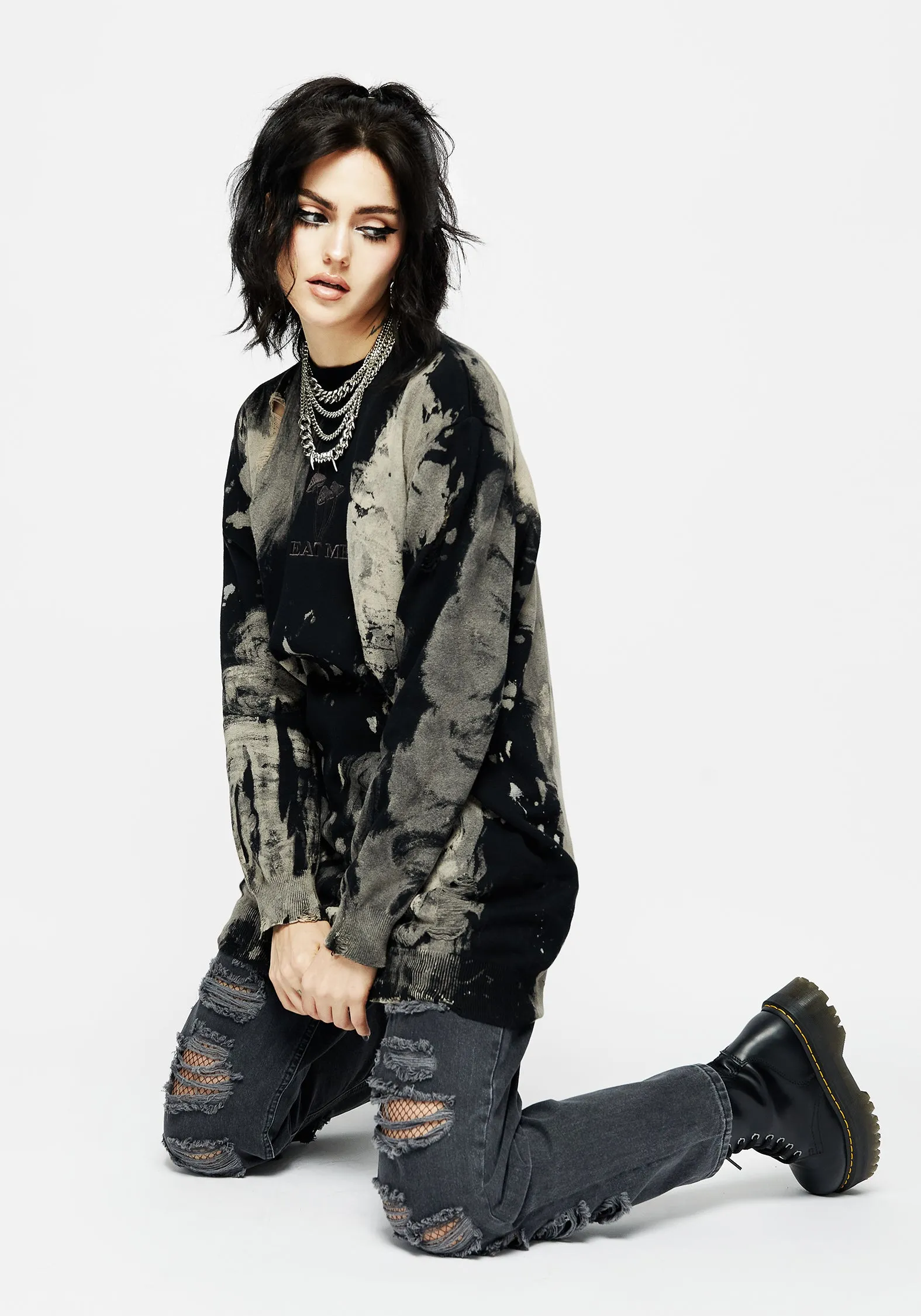 Enigma Embroidered Distressed Knit Sweater