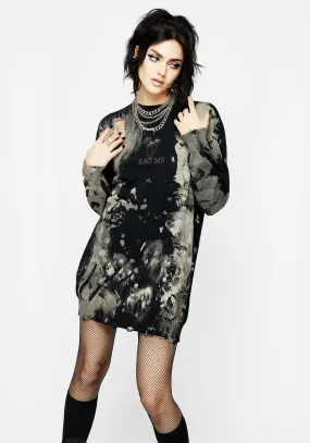 Enigma Embroidered Distressed Knit Sweater