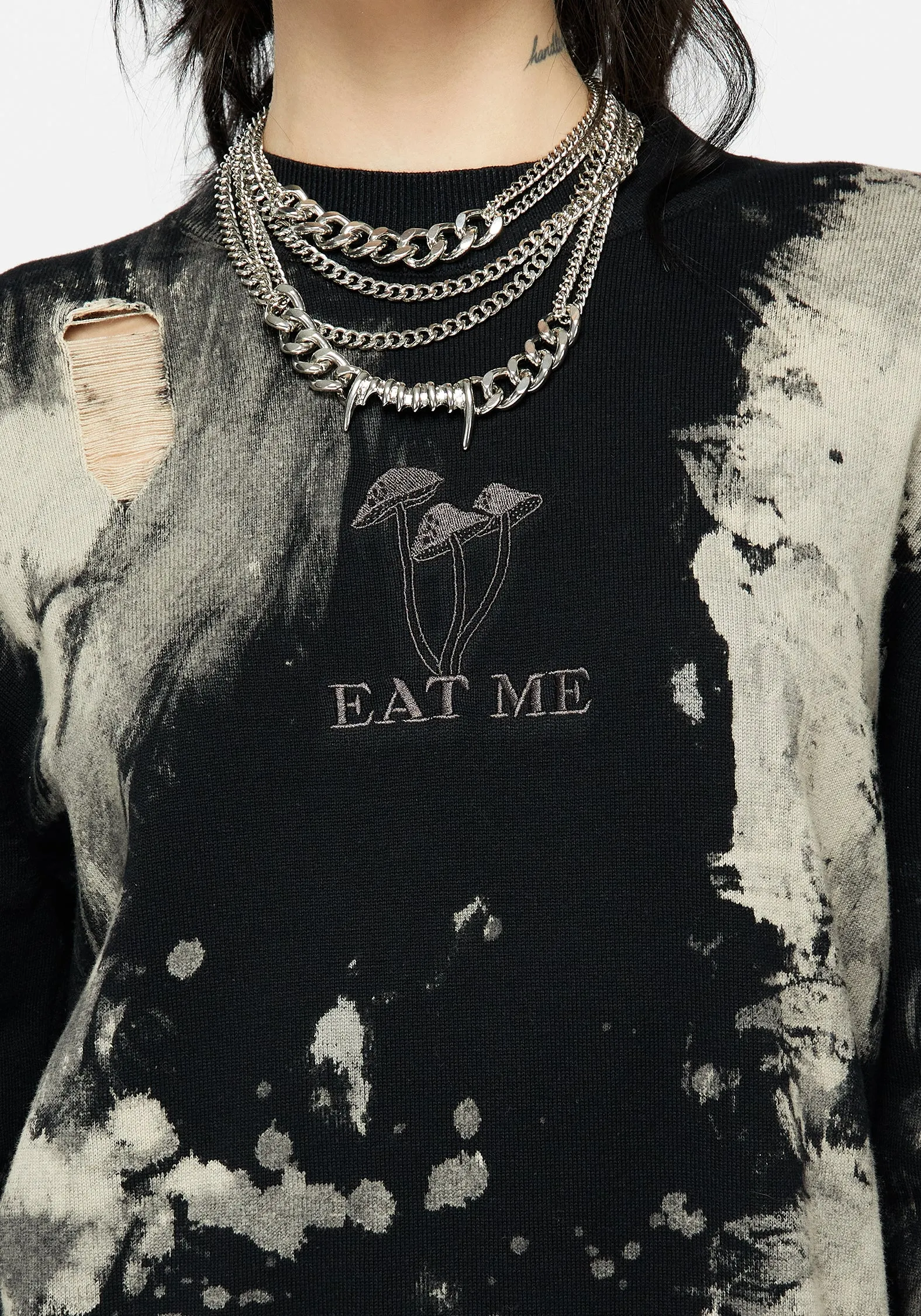 Enigma Embroidered Distressed Knit Sweater