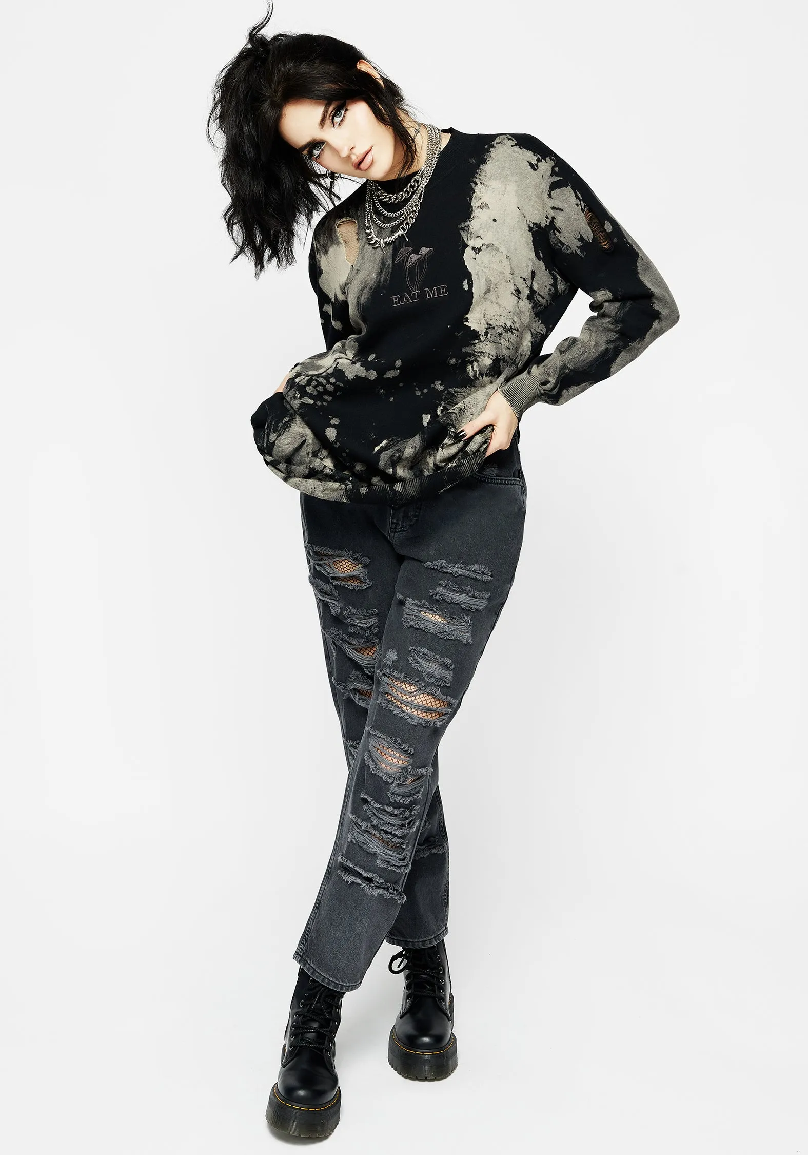 Enigma Embroidered Distressed Knit Sweater