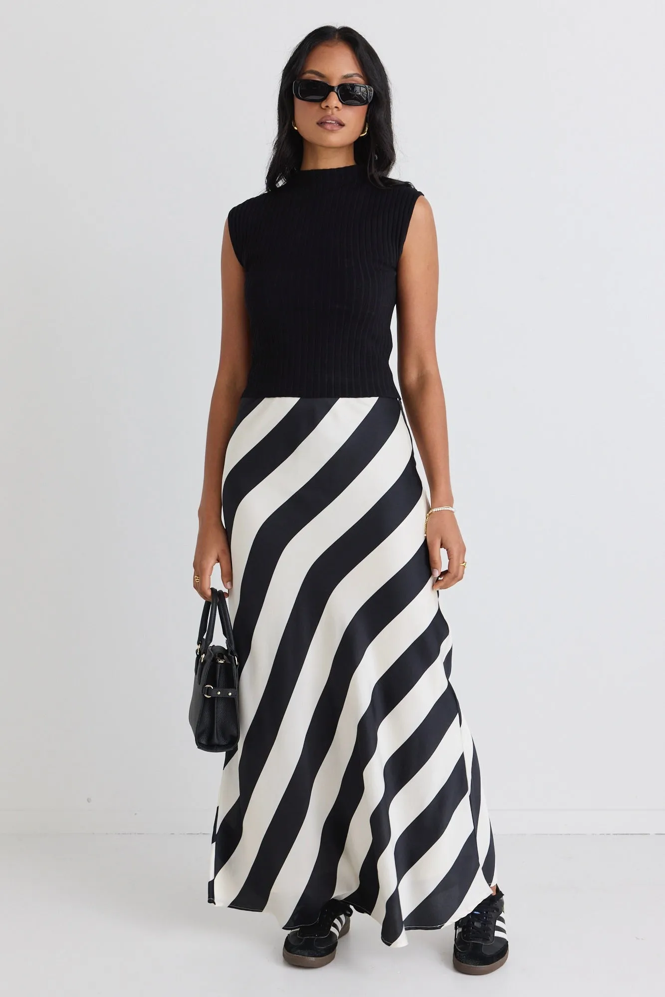Fiery Black Stripe Satin Bias Maxi Skirt