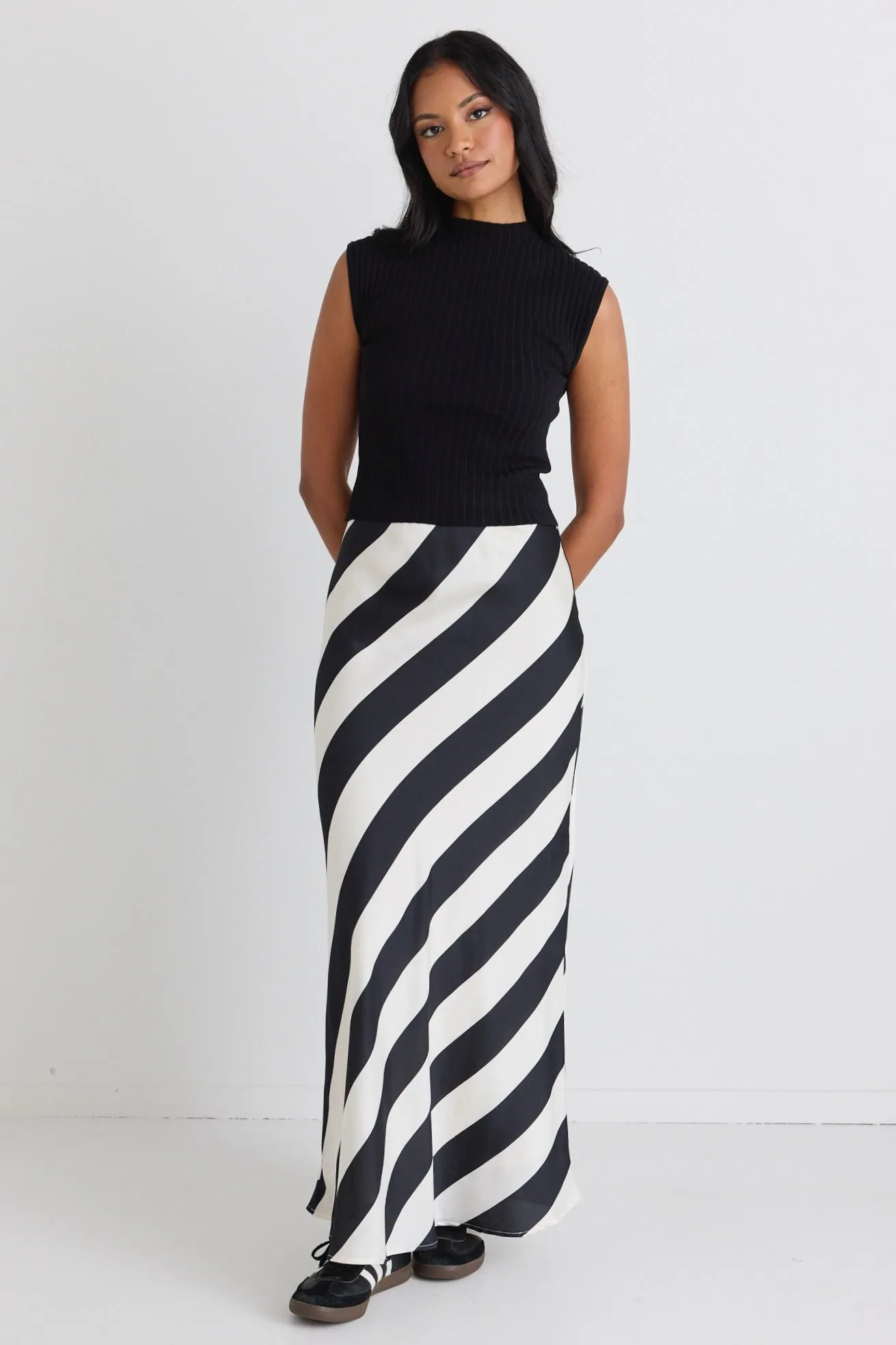 Fiery Black Stripe Satin Bias Maxi Skirt