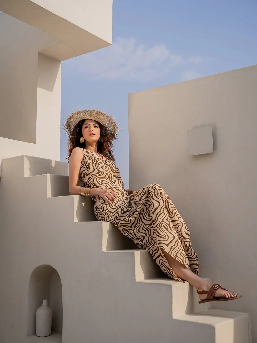 Fluid Wave Caramel Cream Long Skirt Set