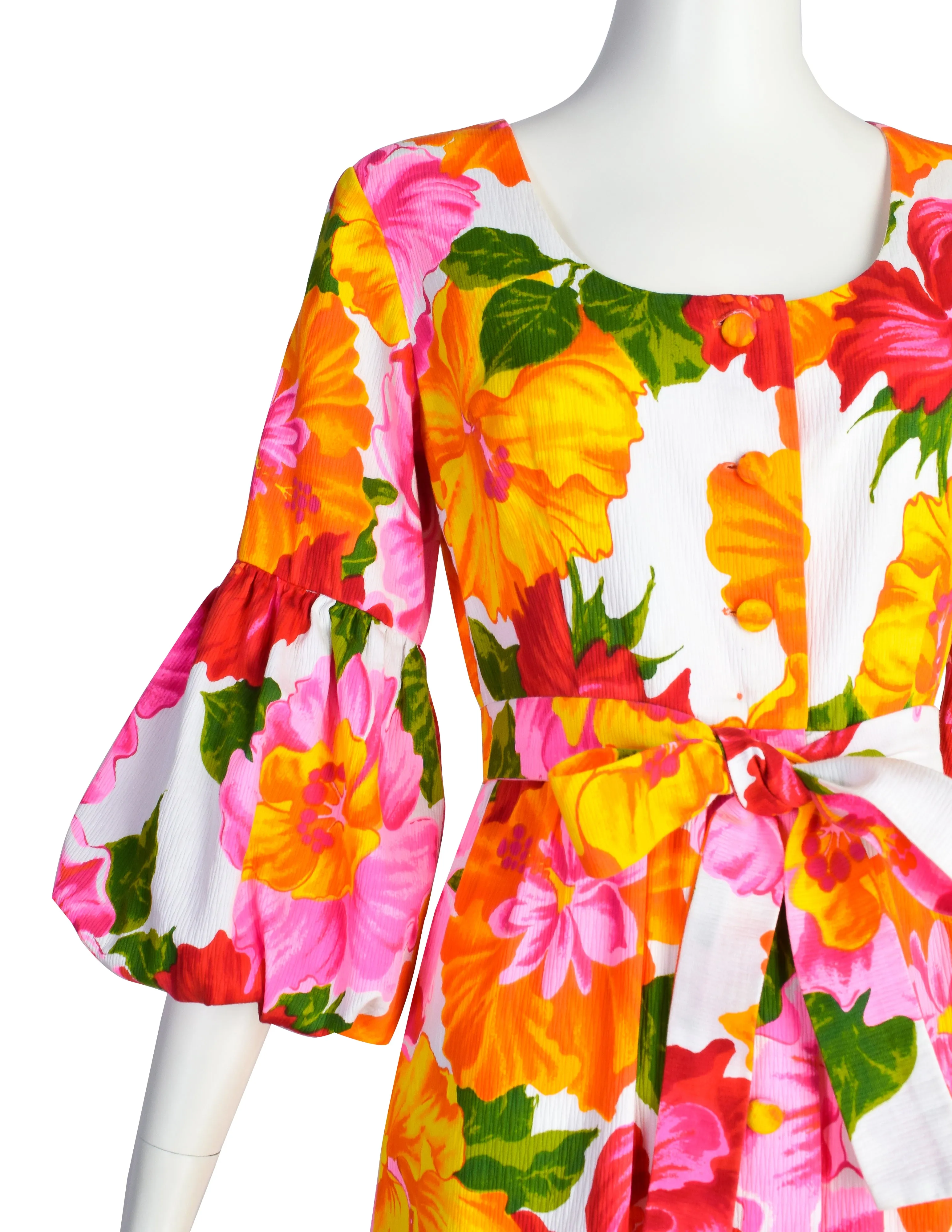 Hilo Hattie Vintage 1960s Hawaiian White Pink Yellow Hibiscus Floral Maxi Dress
