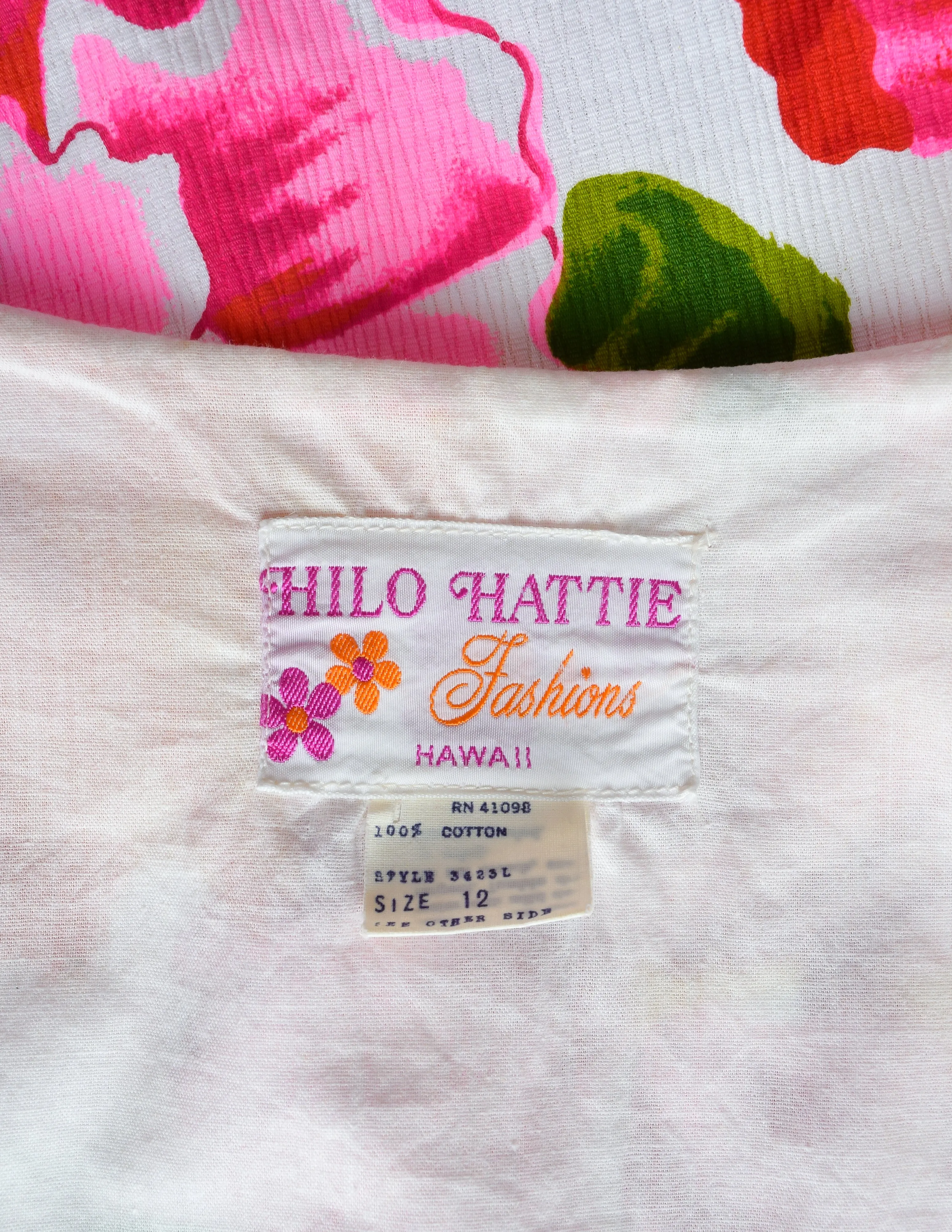 Hilo Hattie Vintage 1960s Hawaiian White Pink Yellow Hibiscus Floral Maxi Dress