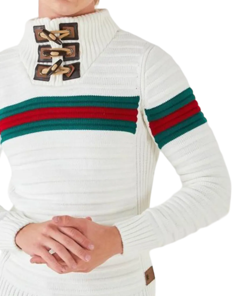 Lragos Red Men's White Sweaters Slim-Fit Red and Green Stripe fashion style