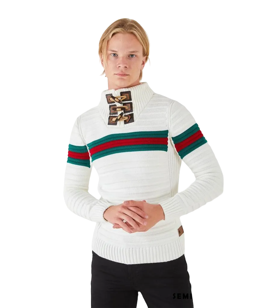 Lragos Red Men's White Sweaters Slim-Fit Red and Green Stripe fashion style