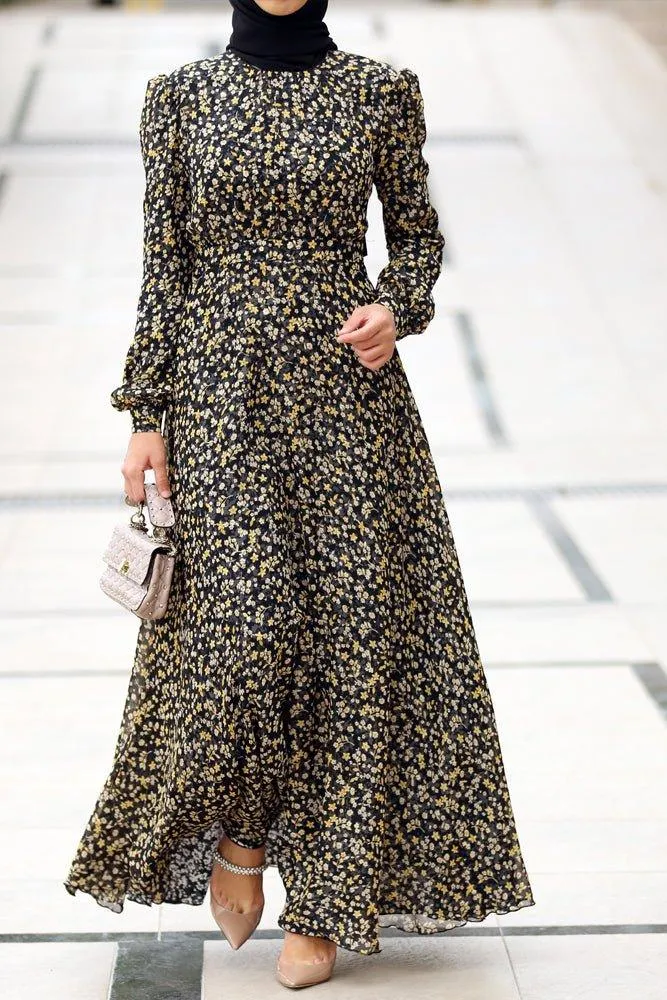 Luxury viscose pleated chiffon maxi dress in ditsy florals lined with cotton