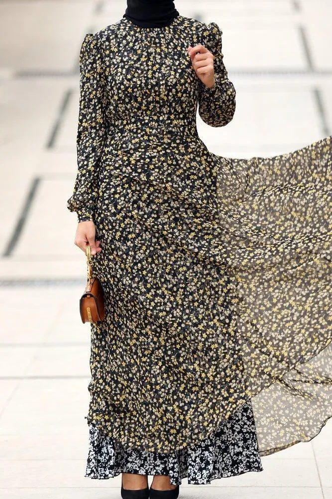Luxury viscose pleated chiffon maxi dress in ditsy florals lined with cotton