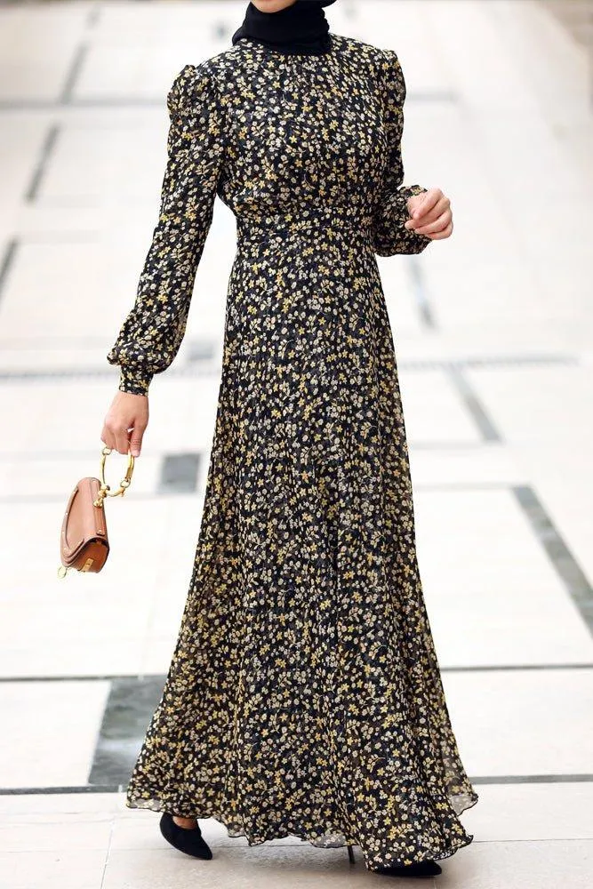 Luxury viscose pleated chiffon maxi dress in ditsy florals lined with cotton