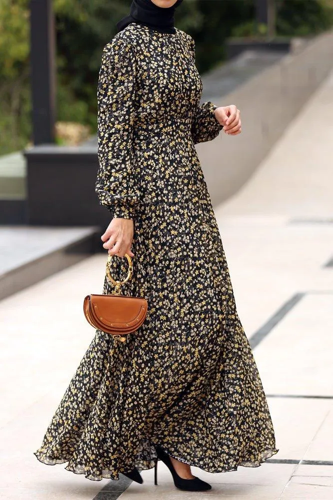 Luxury viscose pleated chiffon maxi dress in ditsy florals lined with cotton
