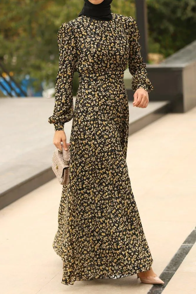 Luxury viscose pleated chiffon maxi dress in ditsy florals lined with cotton