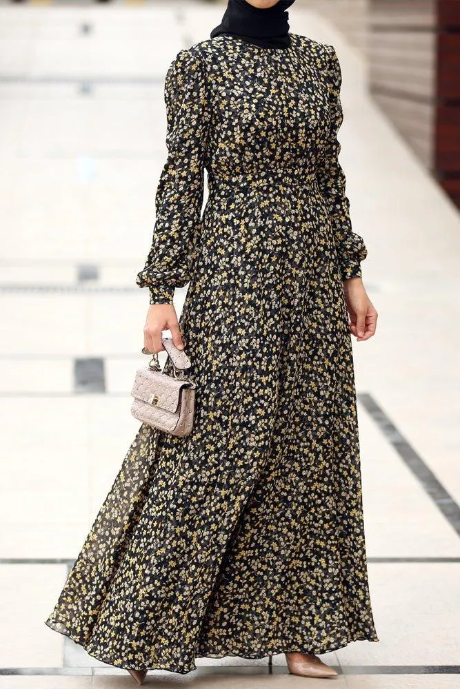 Luxury viscose pleated chiffon maxi dress in ditsy florals lined with cotton