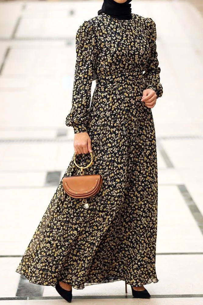 Luxury viscose pleated chiffon maxi dress in ditsy florals lined with cotton