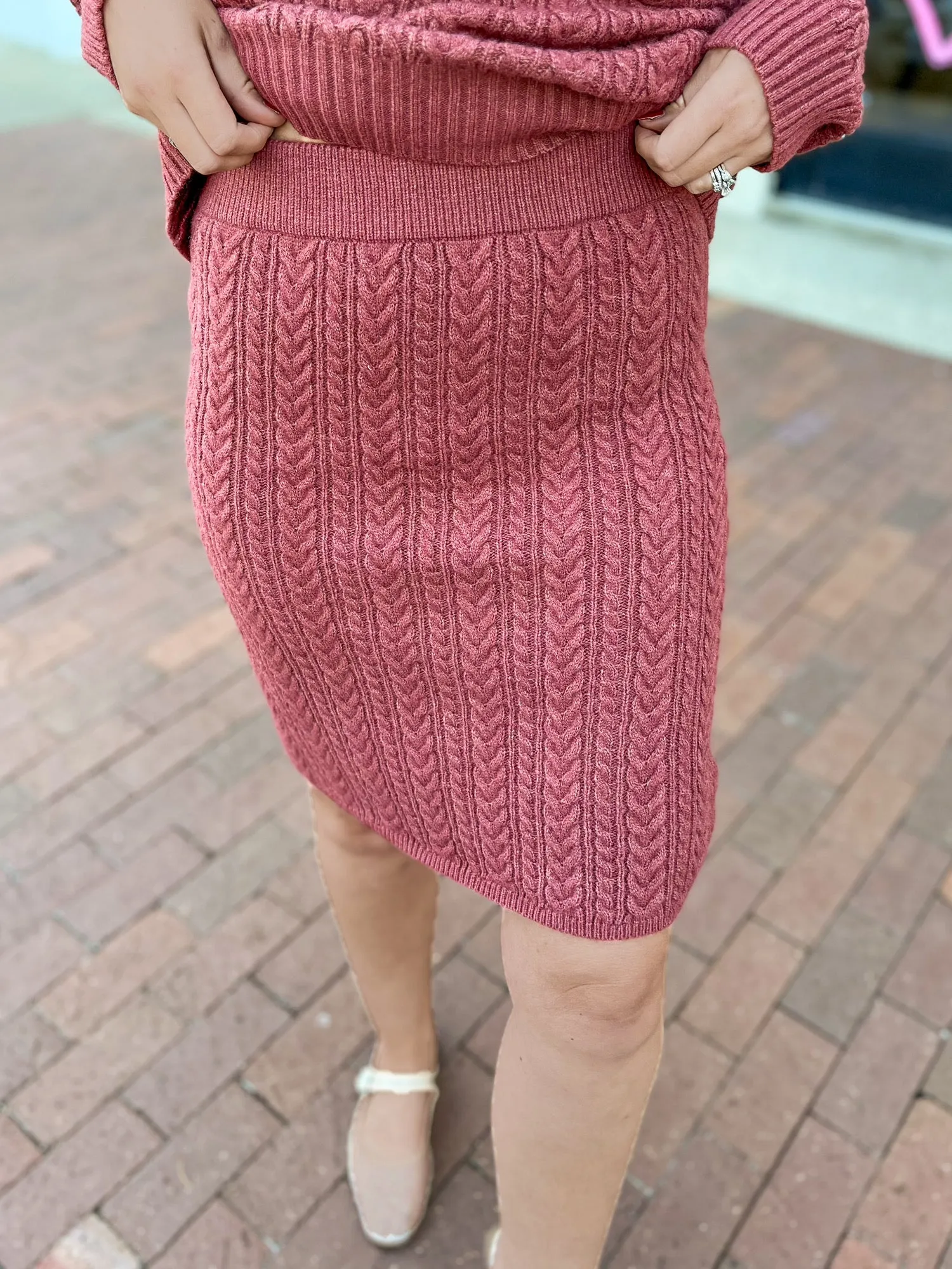 Maroon Cable Knit Sweater & Skirt Set
