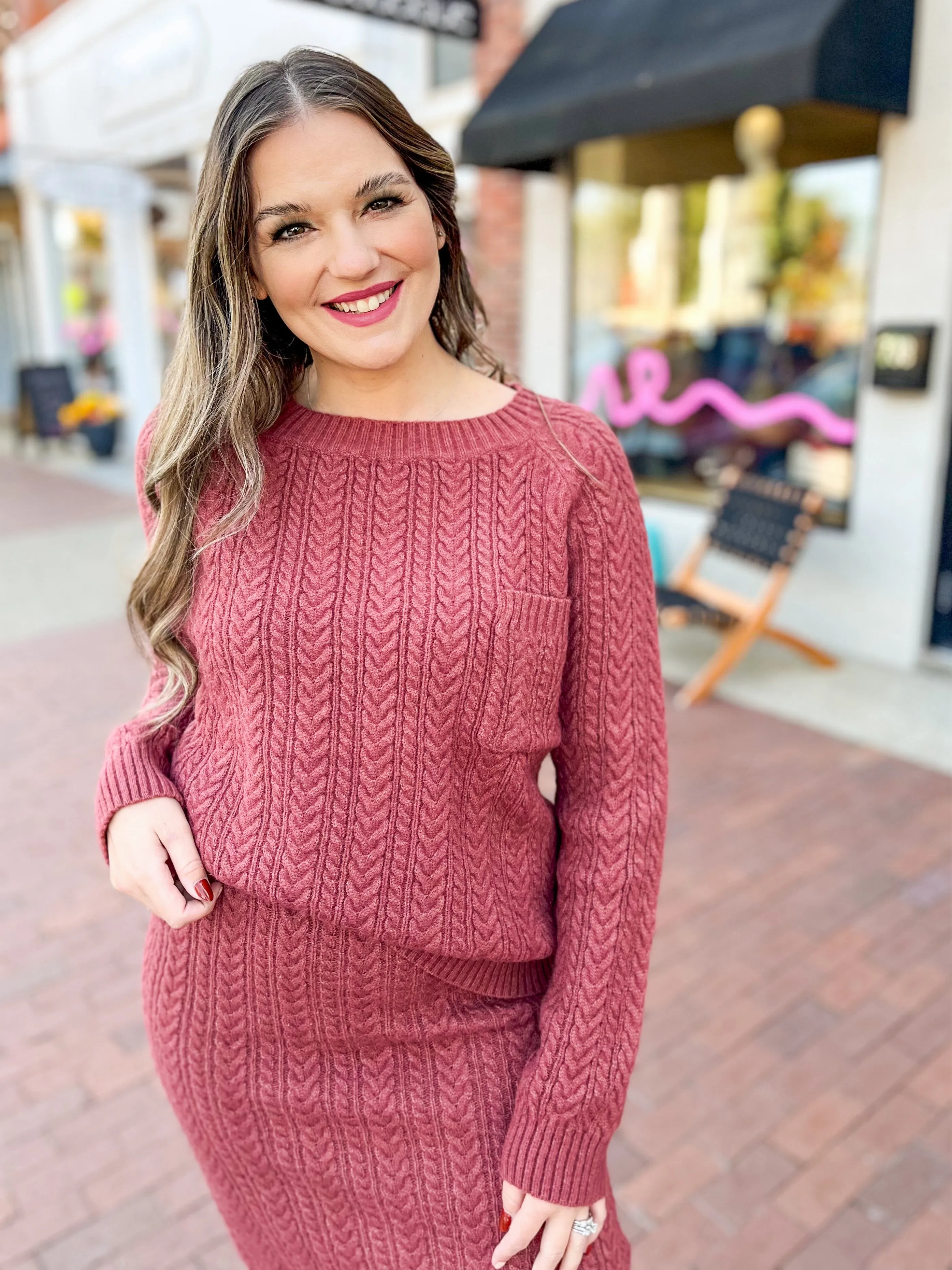 Maroon Cable Knit Sweater & Skirt Set