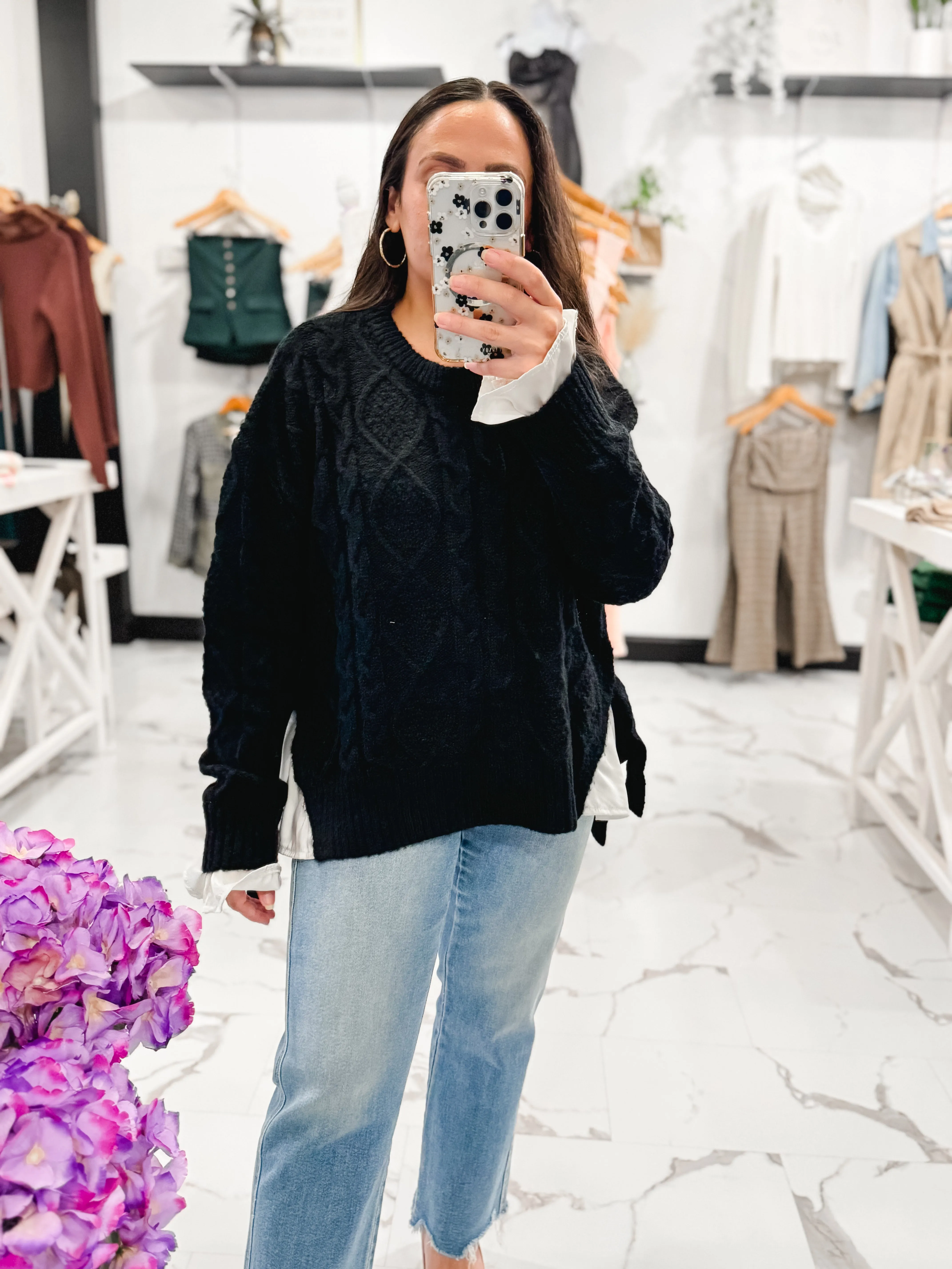 Mixing It Up Cable Knit Sweater (Black)