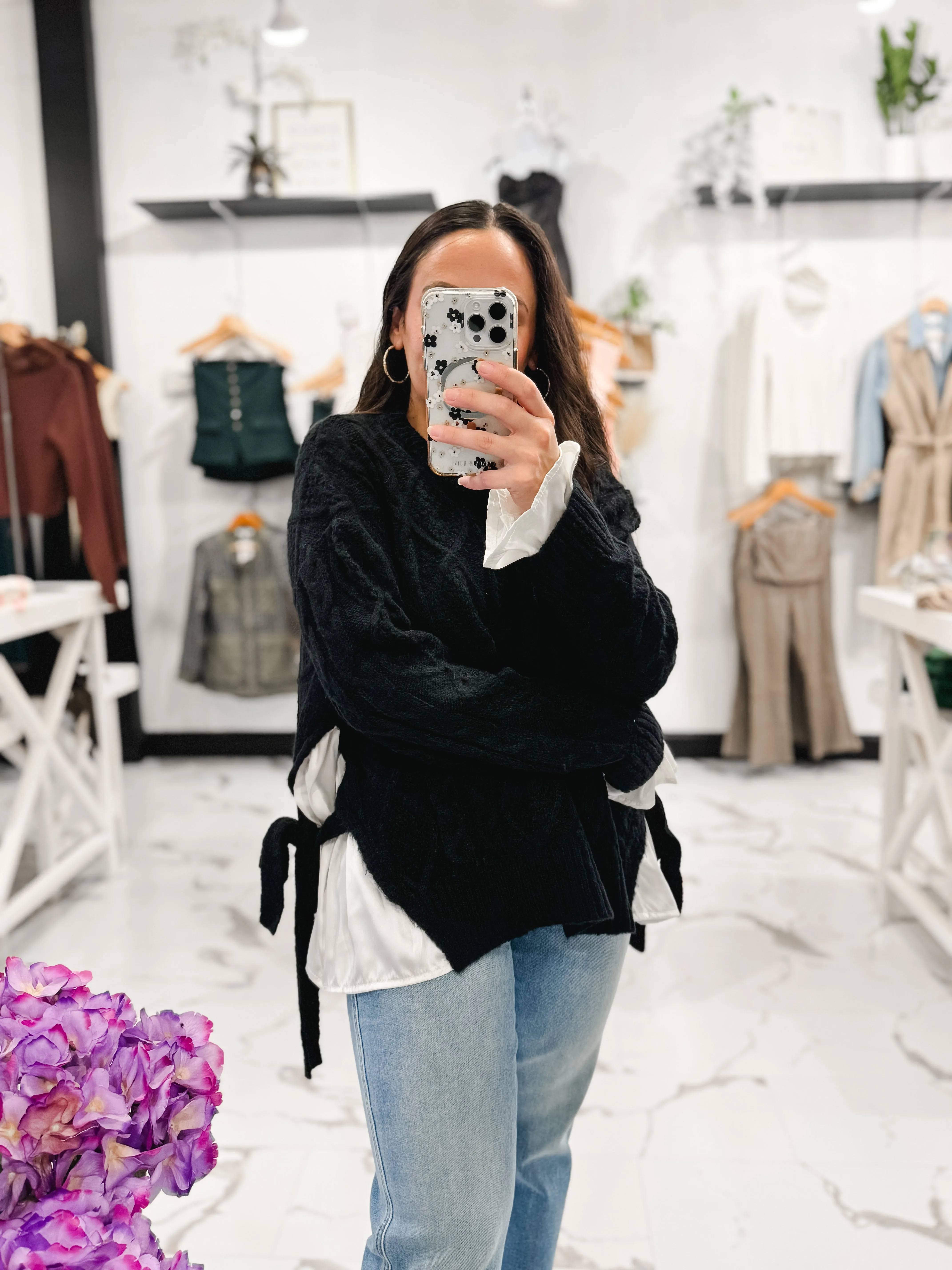 Mixing It Up Cable Knit Sweater (Black)