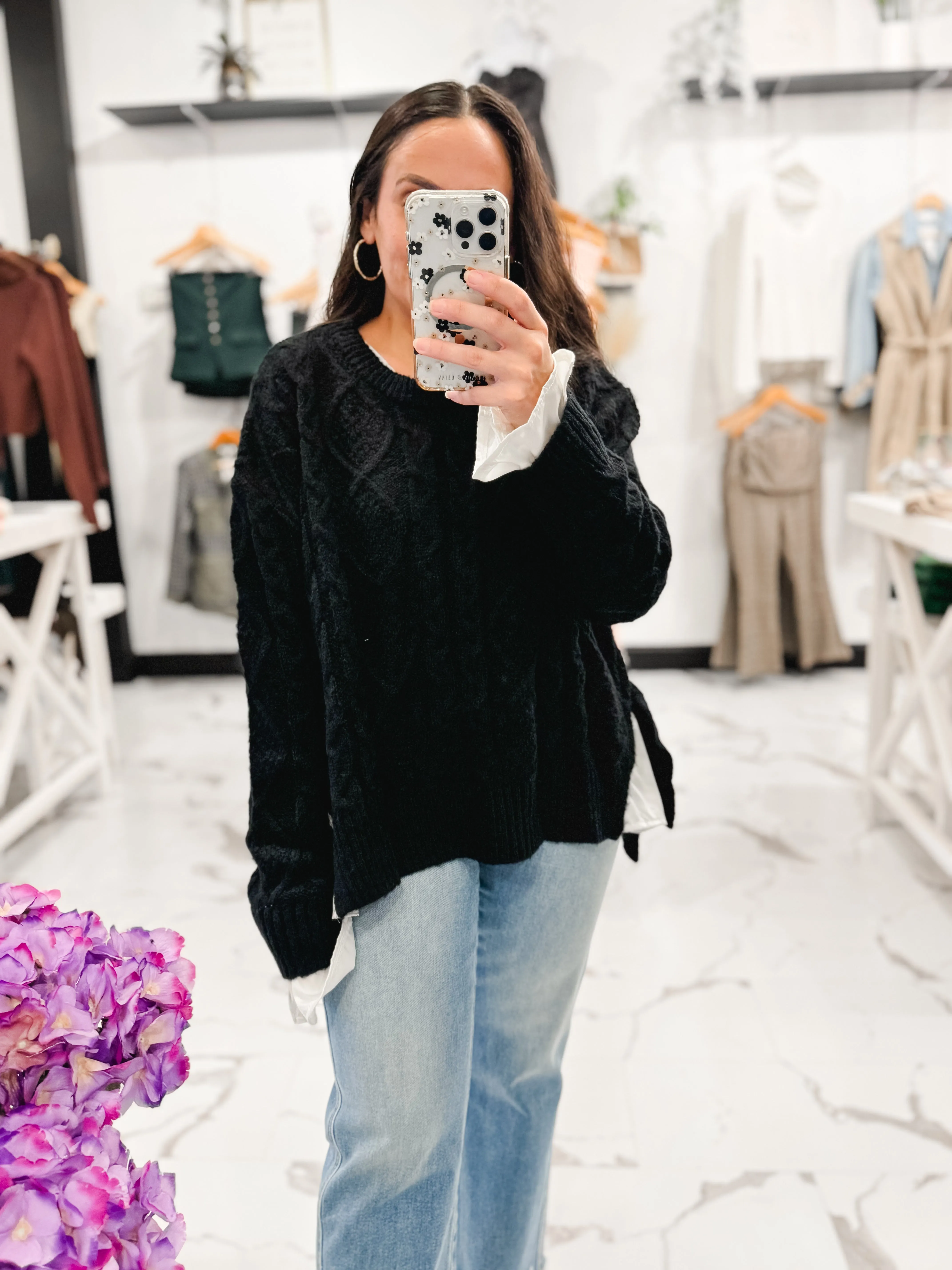 Mixing It Up Cable Knit Sweater (Black)