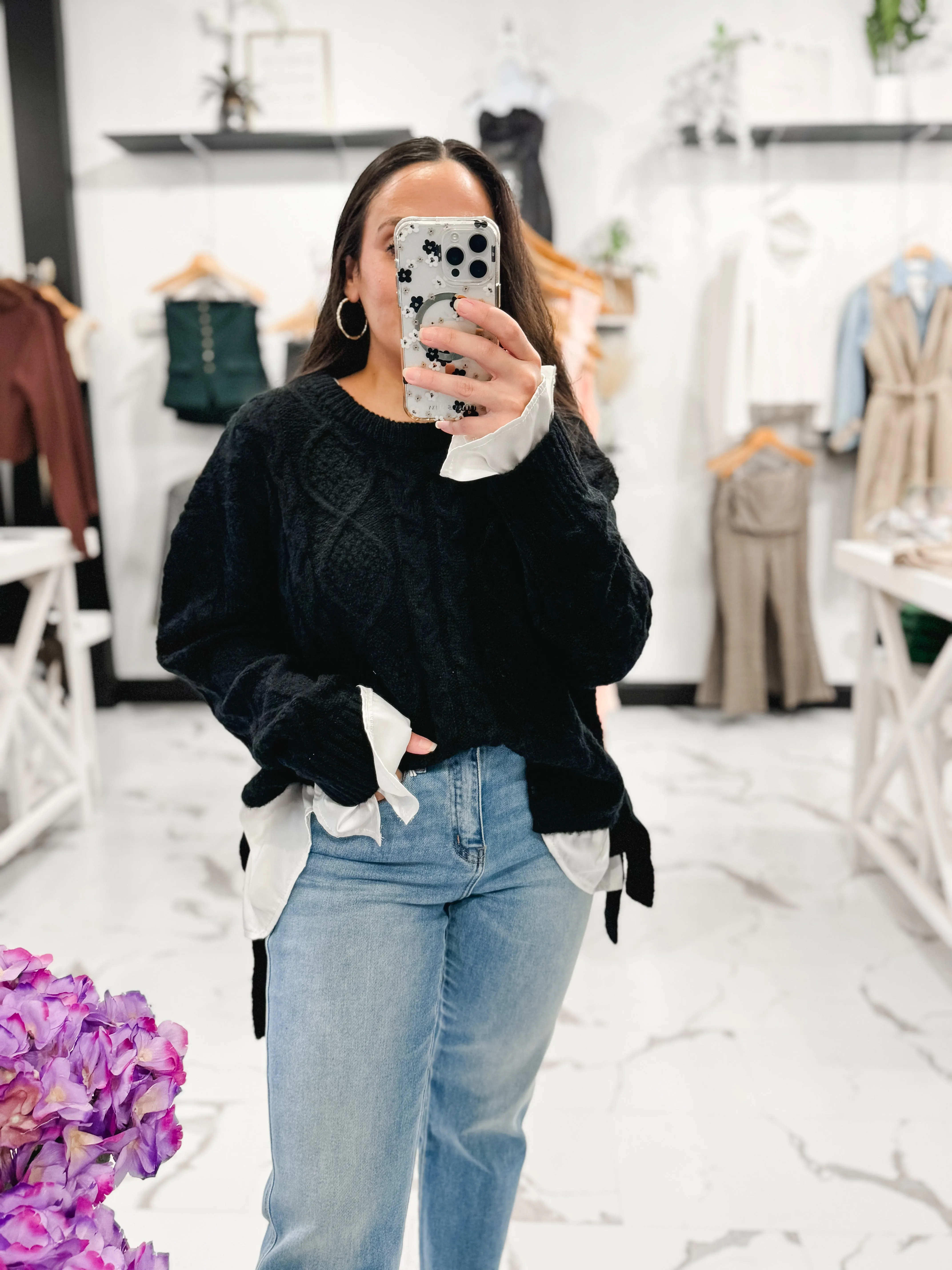 Mixing It Up Cable Knit Sweater (Black)