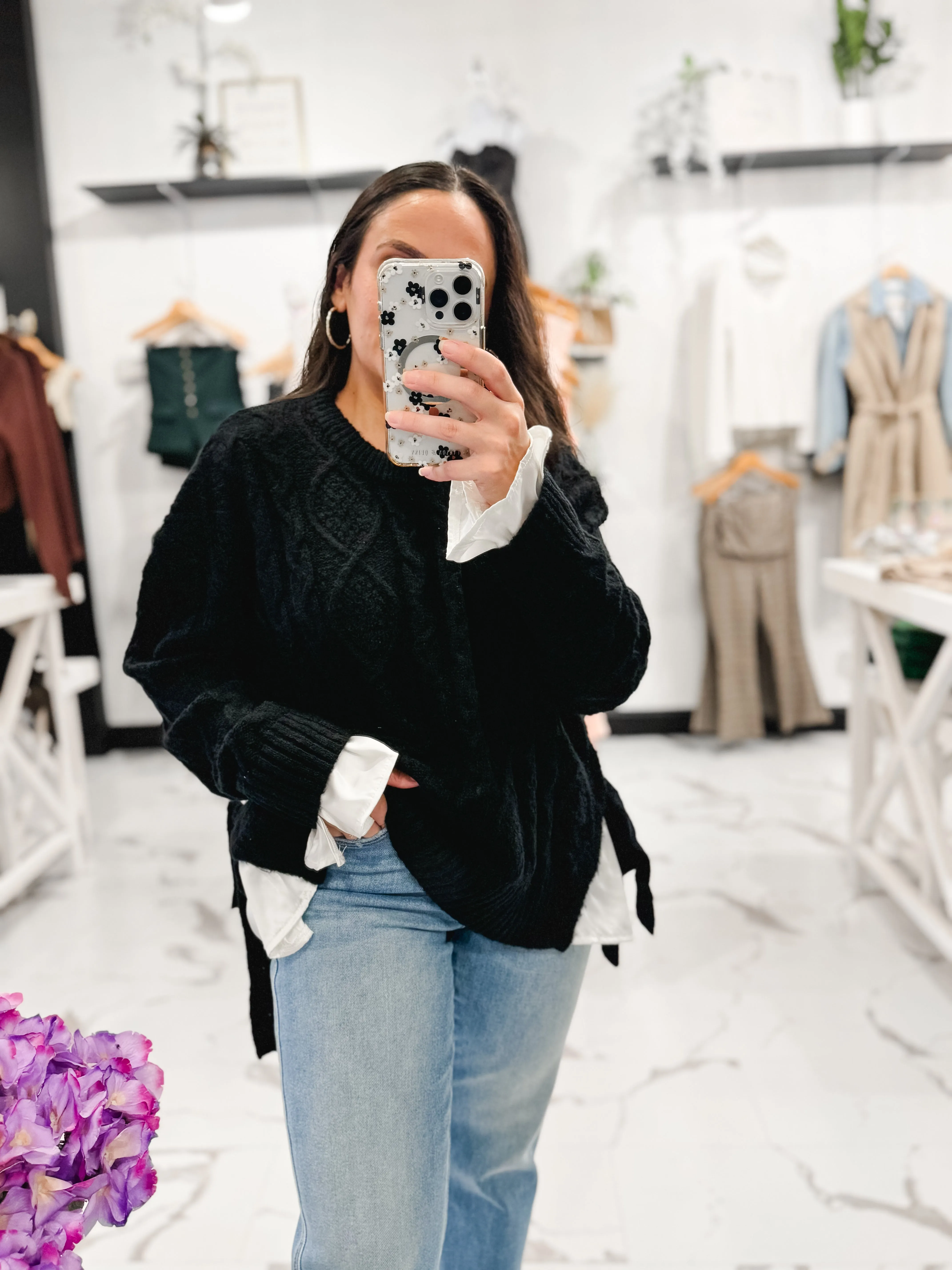 Mixing It Up Cable Knit Sweater (Black)