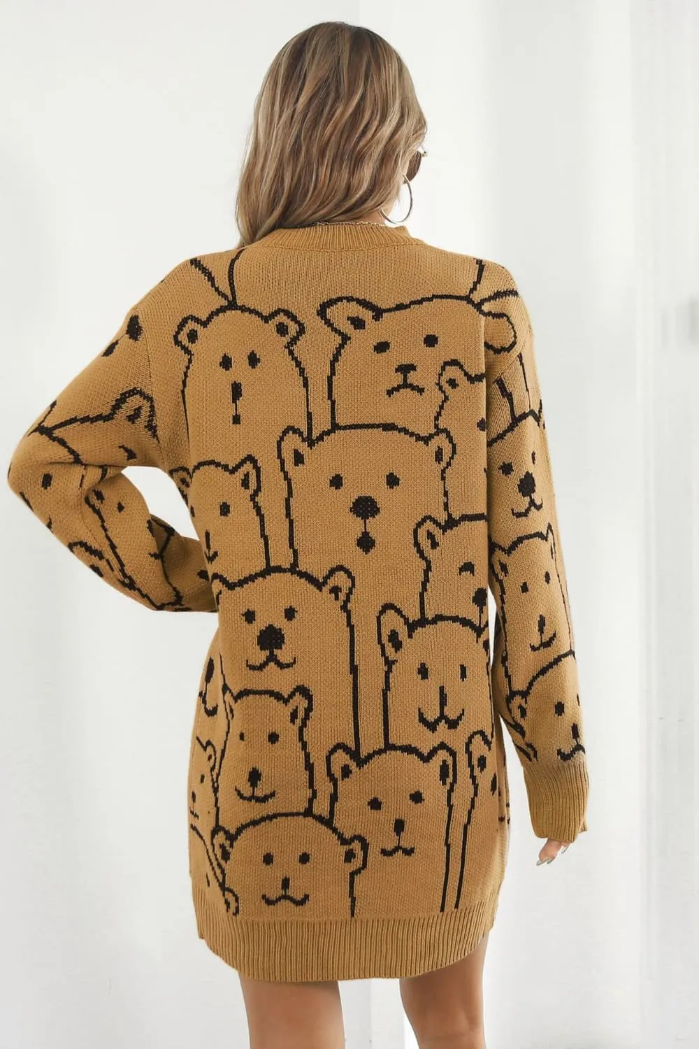 Polar Bear Round Neck Cozy Knit Long Sleeve Mini Sweater Dress