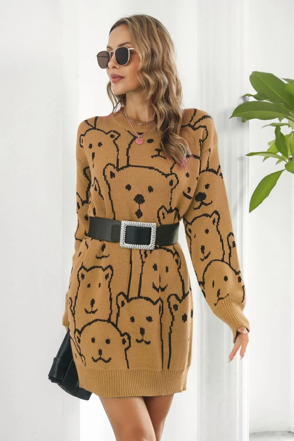 Polar Bear Round Neck Cozy Knit Long Sleeve Mini Sweater Dress