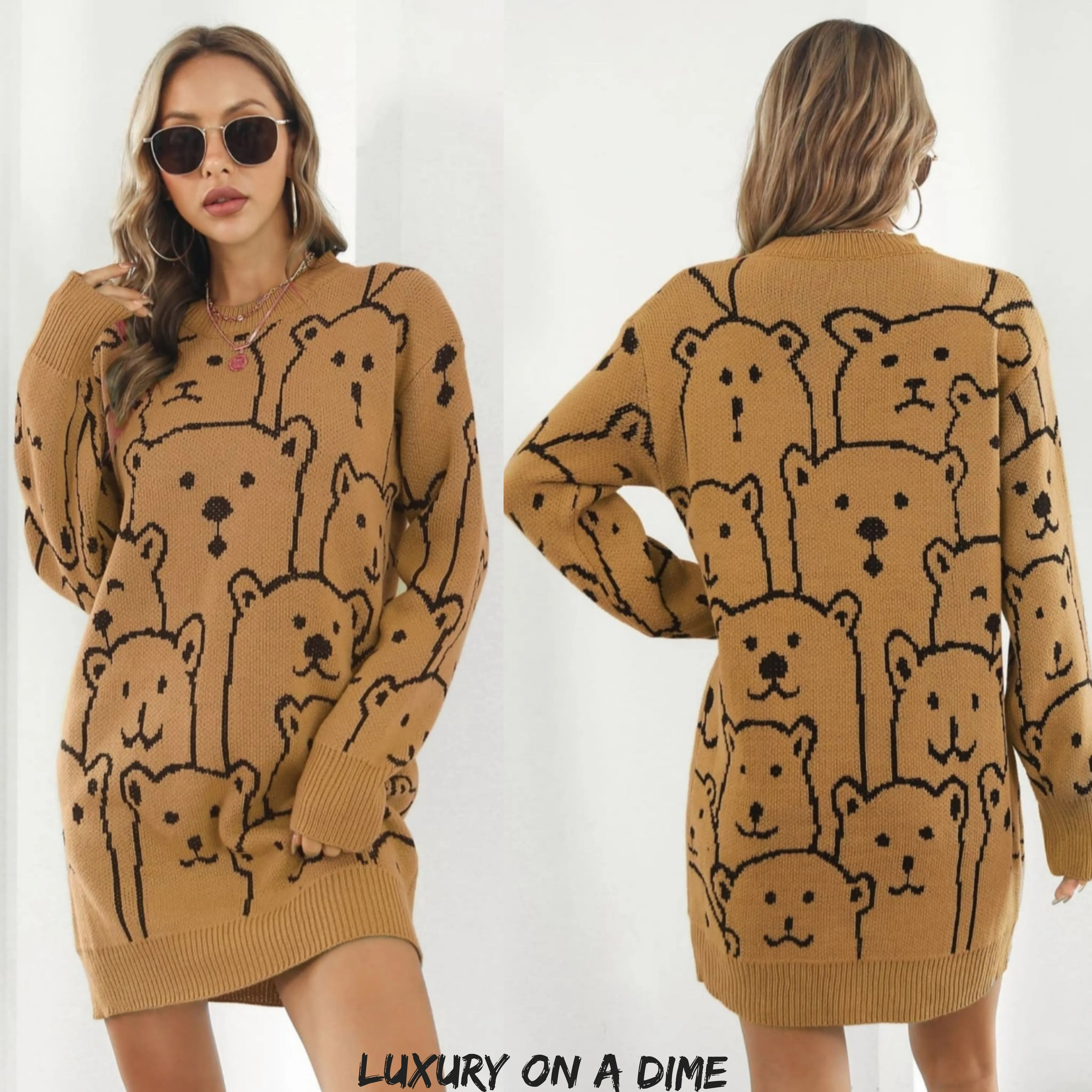 Polar Bear Round Neck Cozy Knit Long Sleeve Mini Sweater Dress