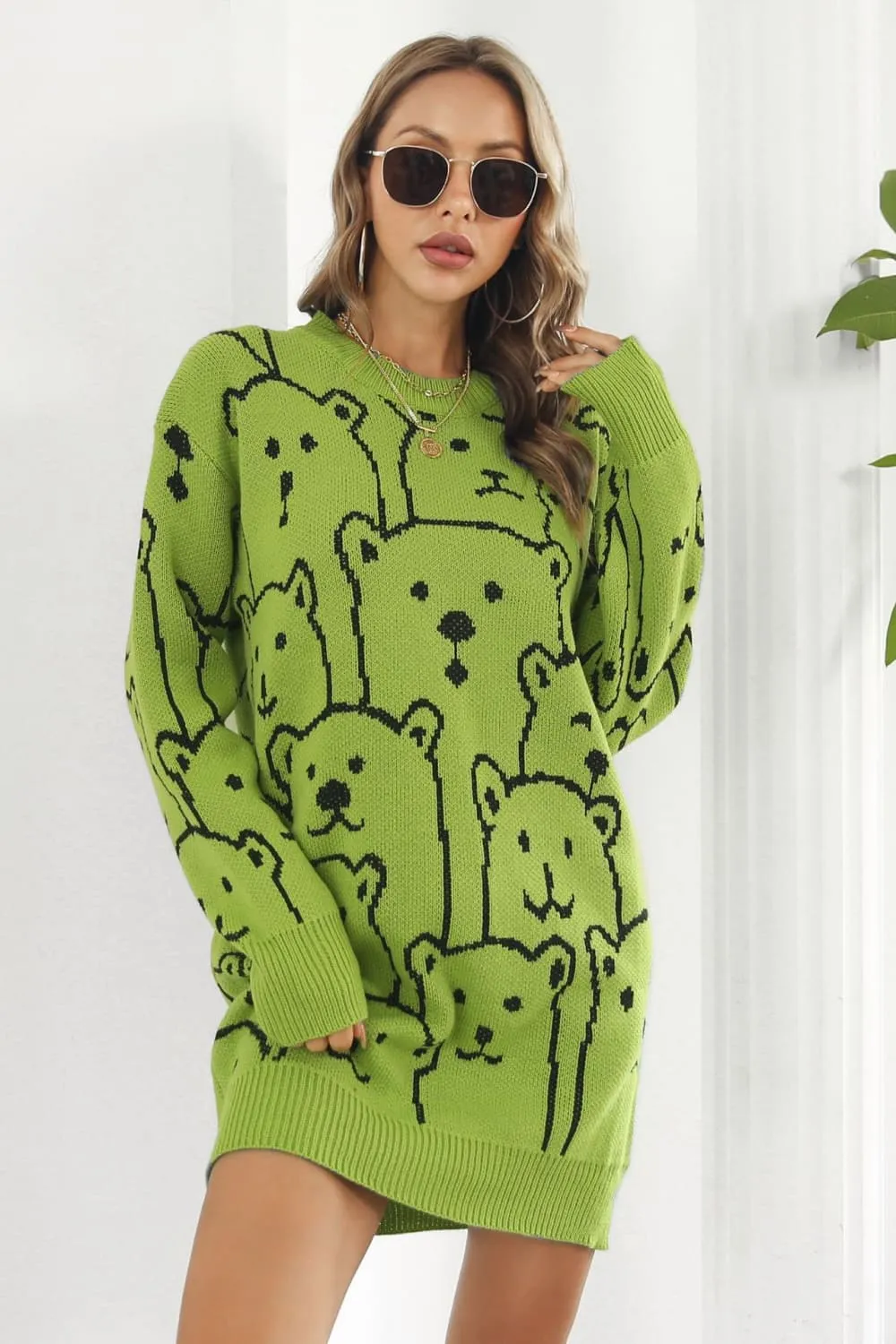 Polar Bear Round Neck Cozy Knit Long Sleeve Mini Sweater Dress