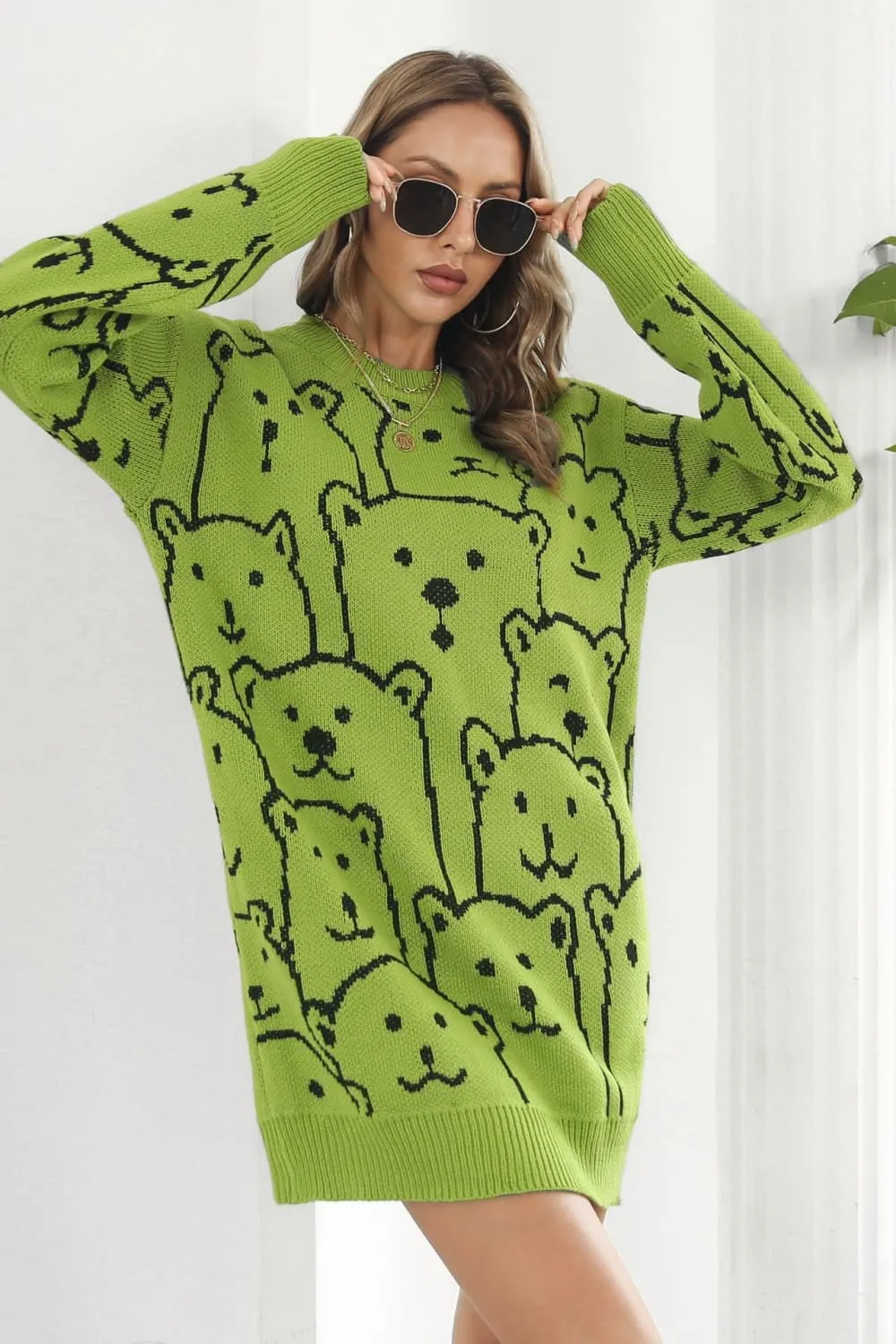Polar Bear Round Neck Cozy Knit Long Sleeve Mini Sweater Dress