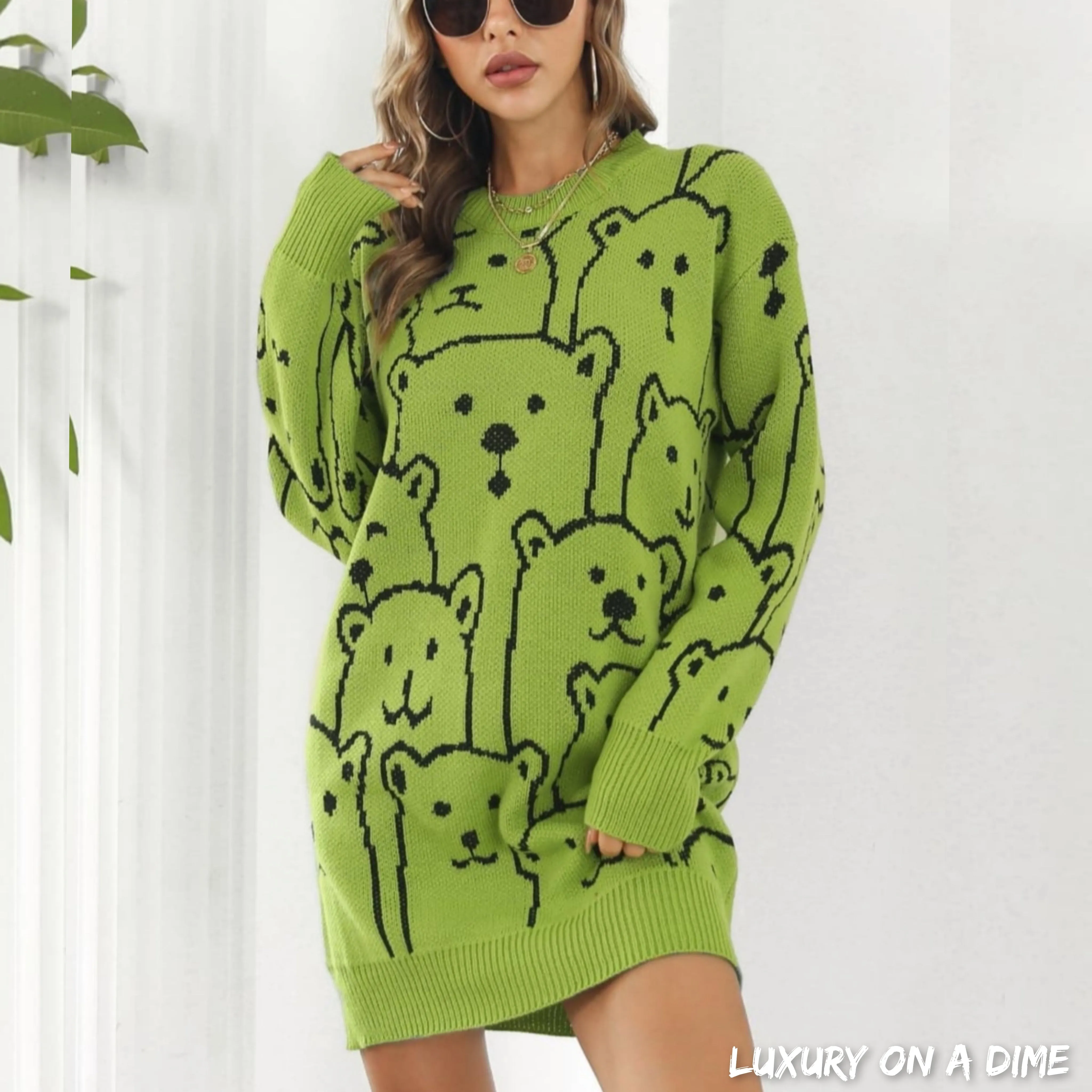 Polar Bear Round Neck Cozy Knit Long Sleeve Mini Sweater Dress