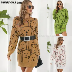 Polar Bear Round Neck Cozy Knit Long Sleeve Mini Sweater Dress