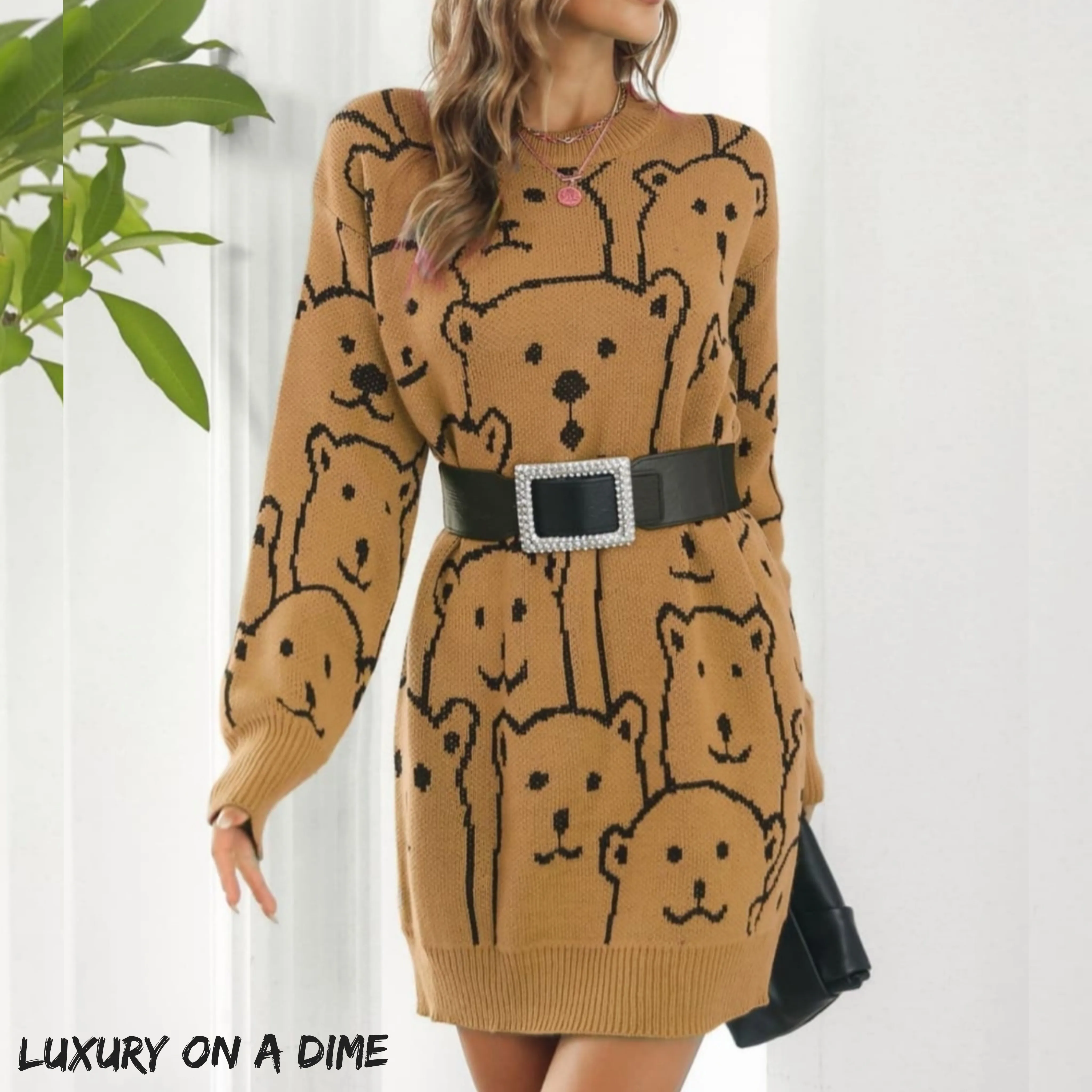 Polar Bear Round Neck Cozy Knit Long Sleeve Mini Sweater Dress