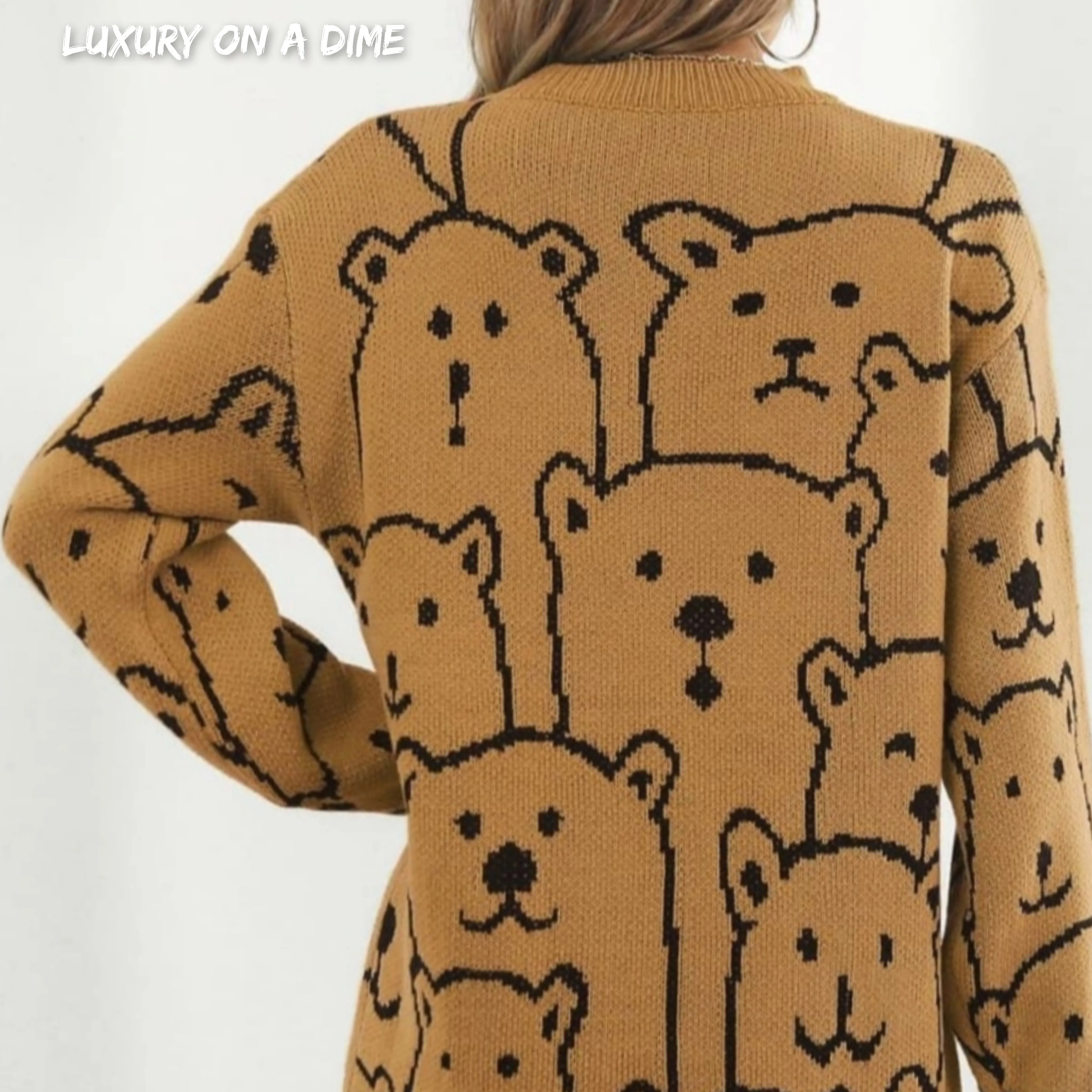 Polar Bear Round Neck Cozy Knit Long Sleeve Mini Sweater Dress