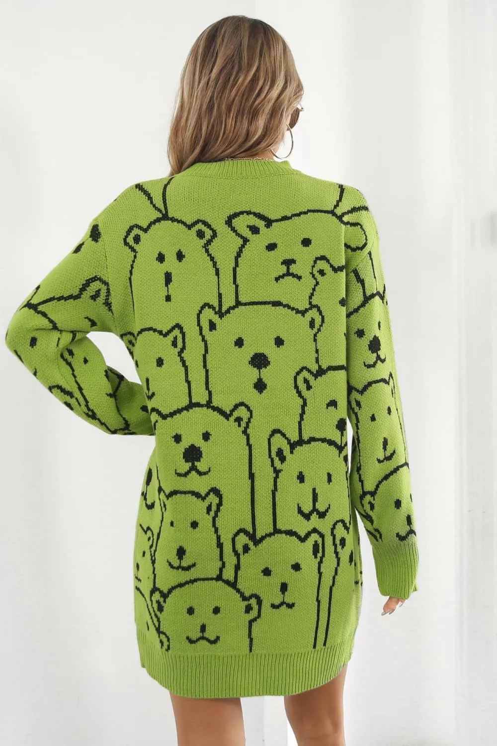 Polar Bear Round Neck Cozy Knit Long Sleeve Mini Sweater Dress
