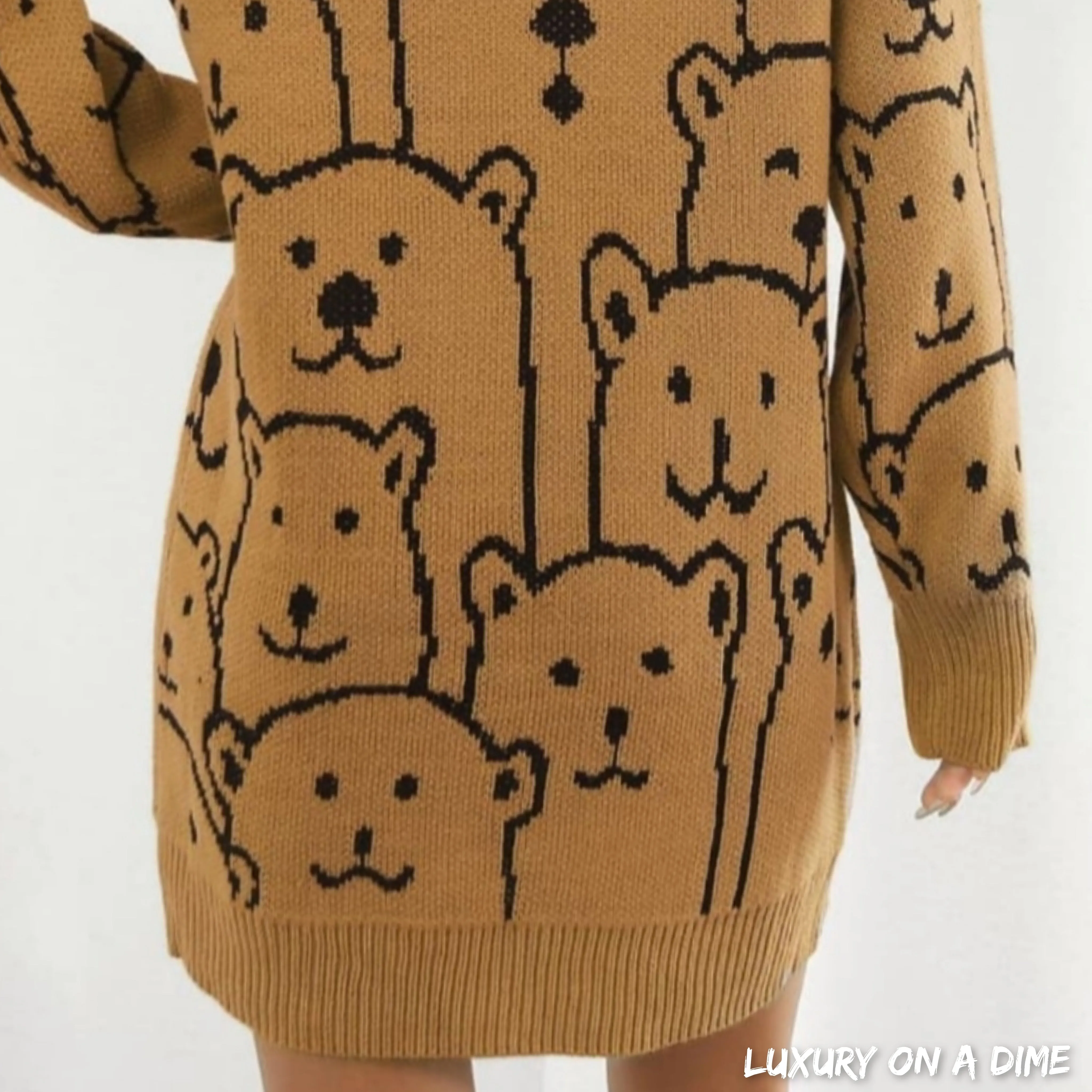 Polar Bear Round Neck Cozy Knit Long Sleeve Mini Sweater Dress