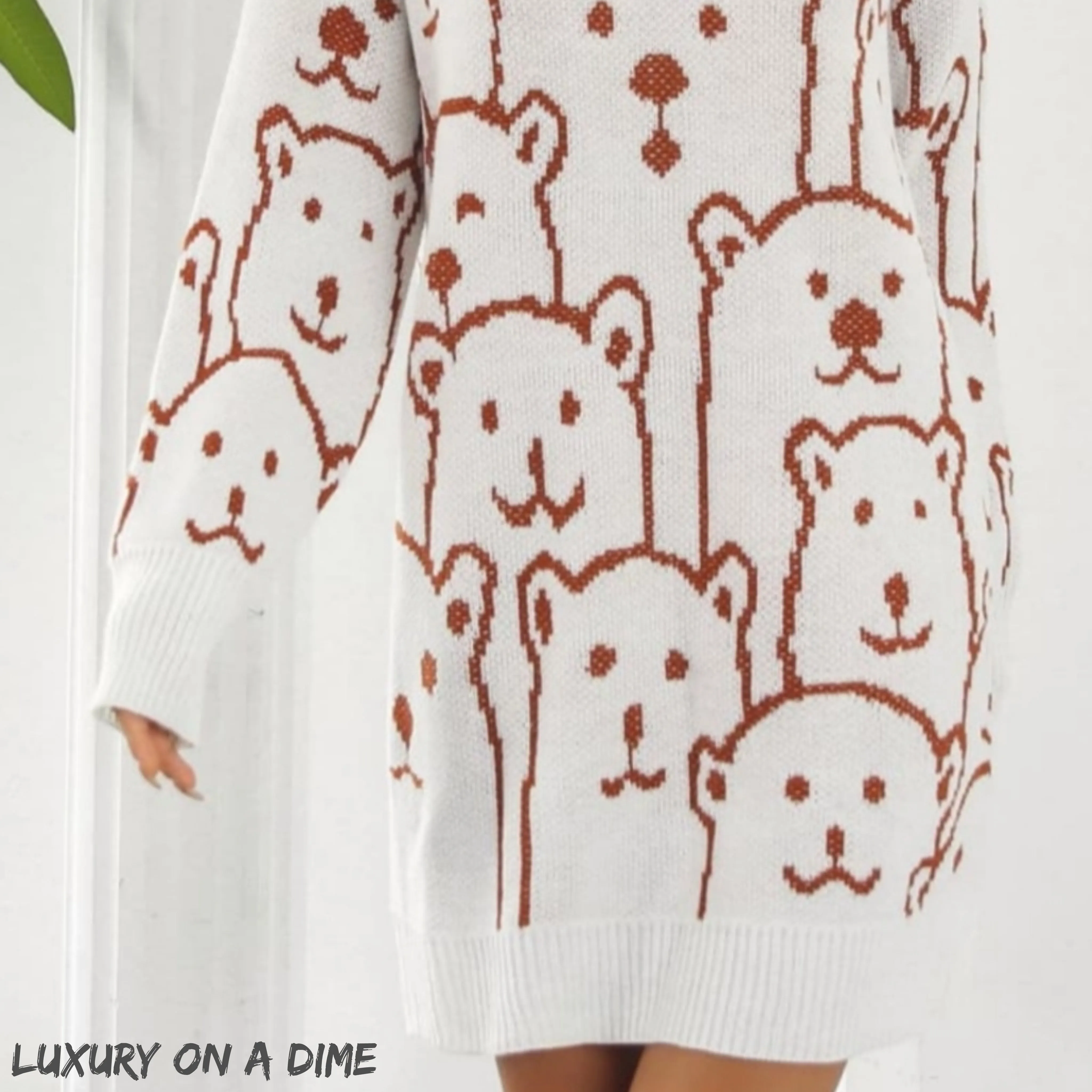 Polar Bear Round Neck Cozy Knit Long Sleeve Mini Sweater Dress