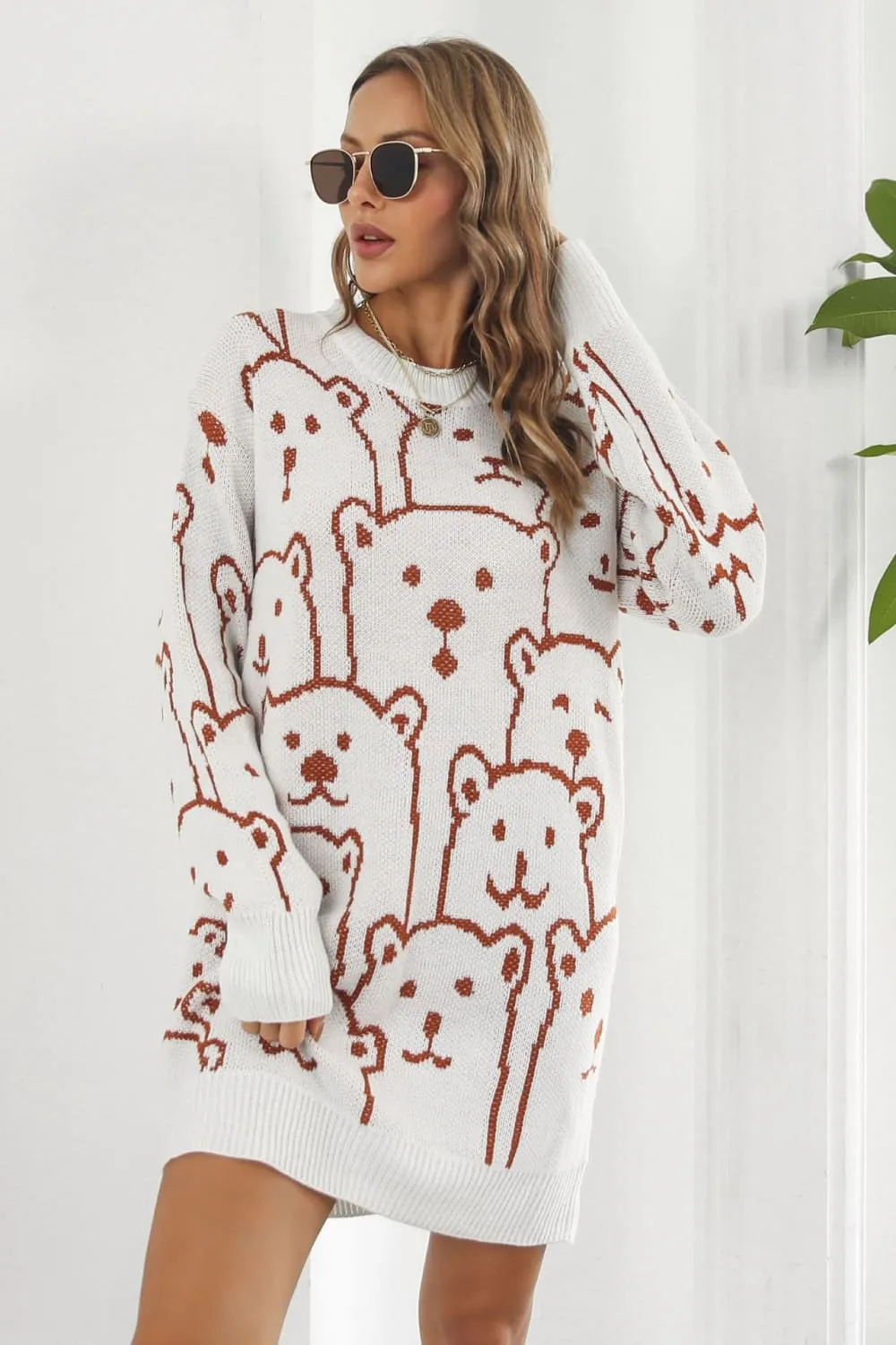 Polar Bear Round Neck Cozy Knit Long Sleeve Mini Sweater Dress