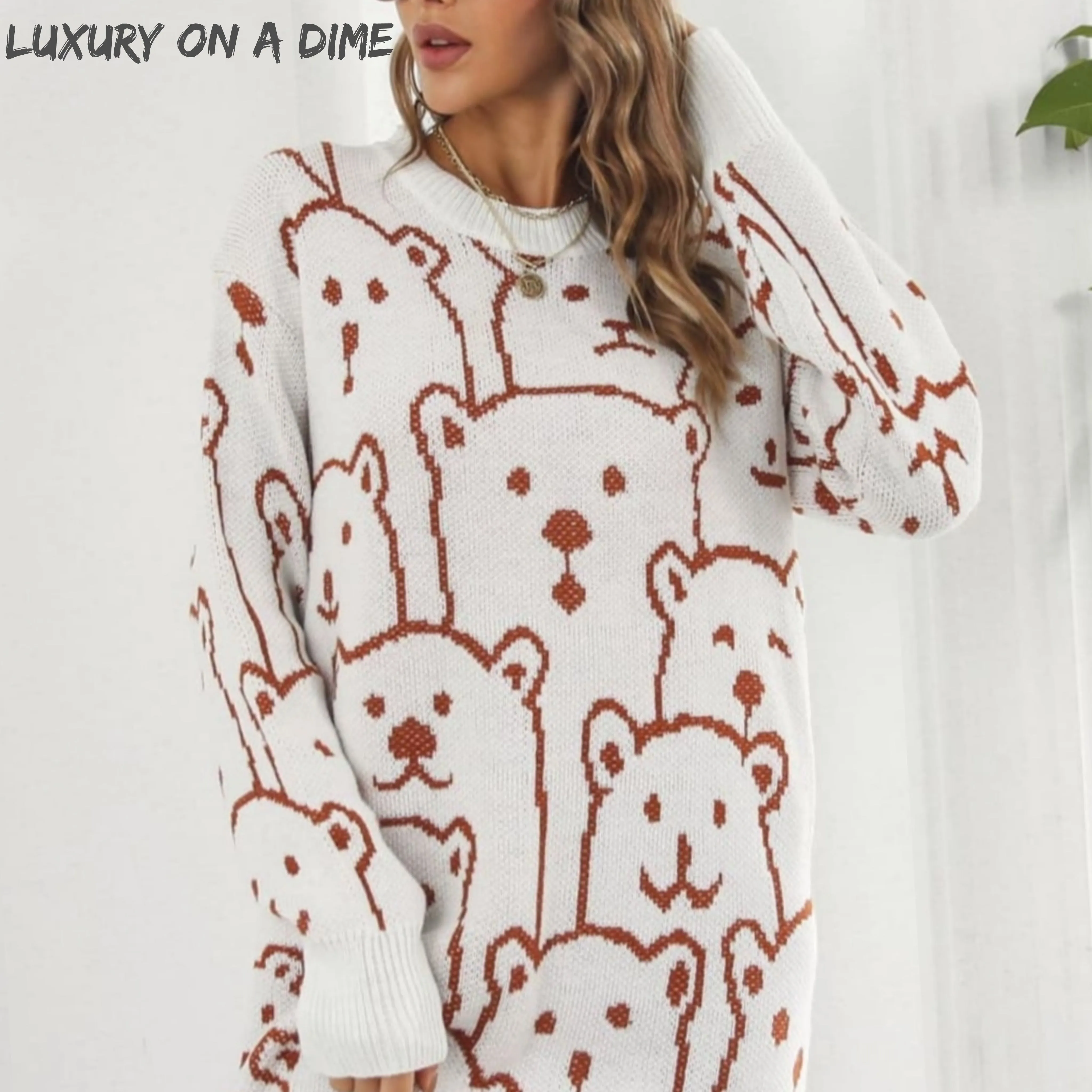Polar Bear Round Neck Cozy Knit Long Sleeve Mini Sweater Dress