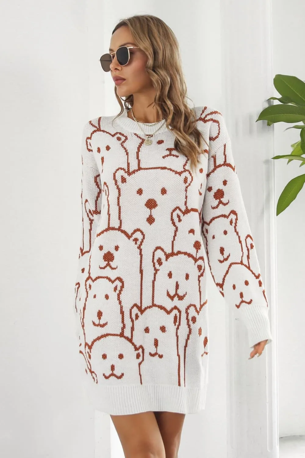 Polar Bear Round Neck Cozy Knit Long Sleeve Mini Sweater Dress