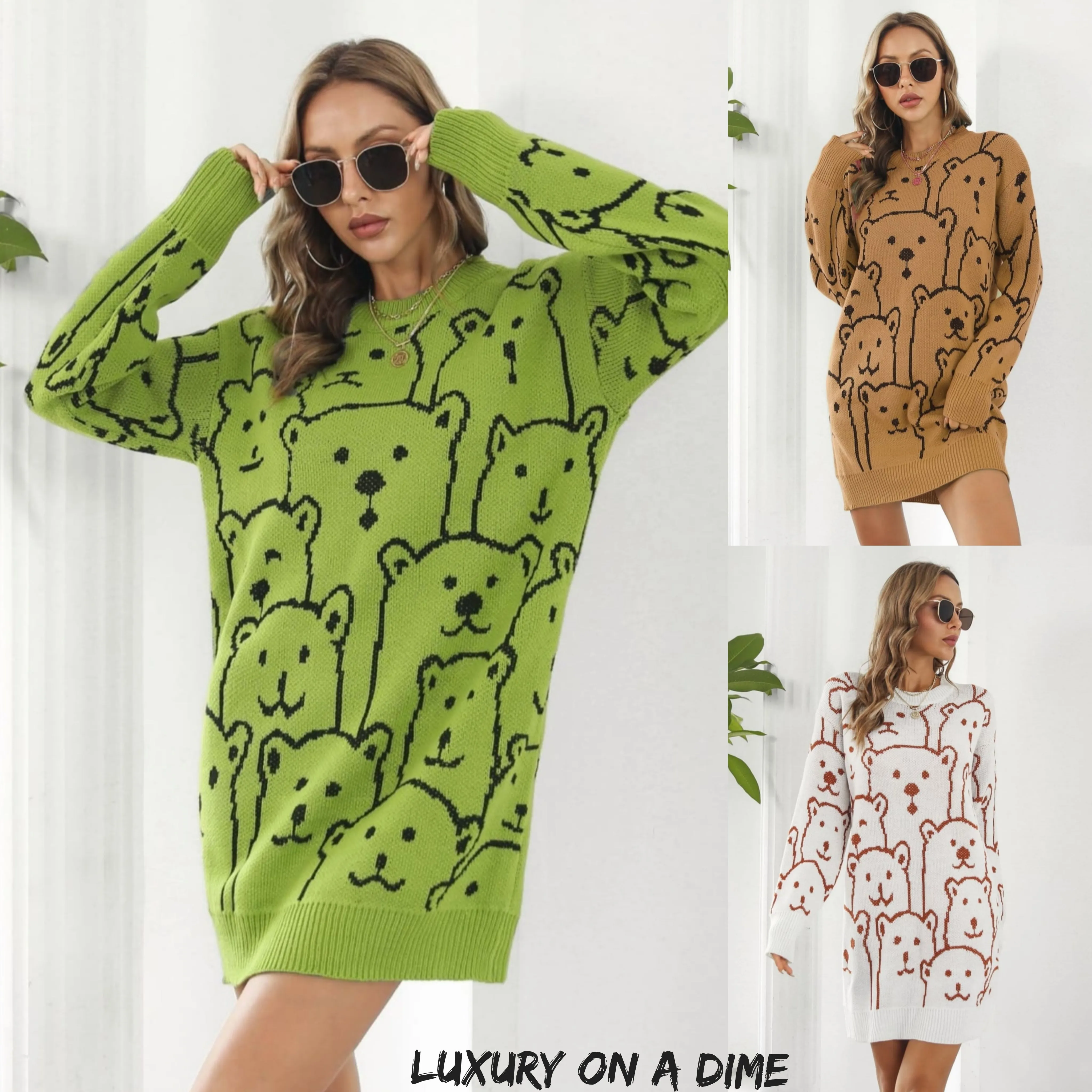 Polar Bear Round Neck Cozy Knit Long Sleeve Mini Sweater Dress