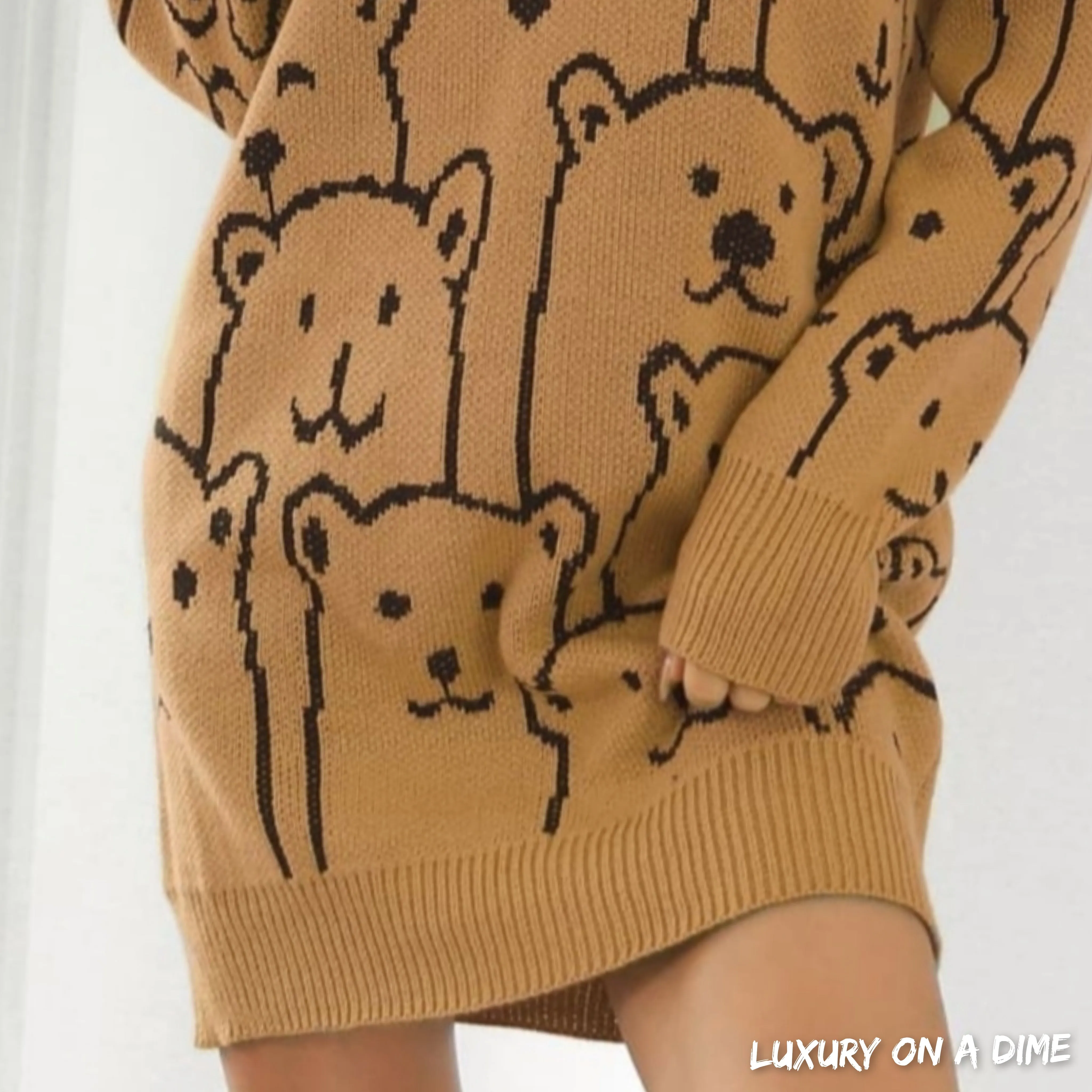 Polar Bear Round Neck Cozy Knit Long Sleeve Mini Sweater Dress